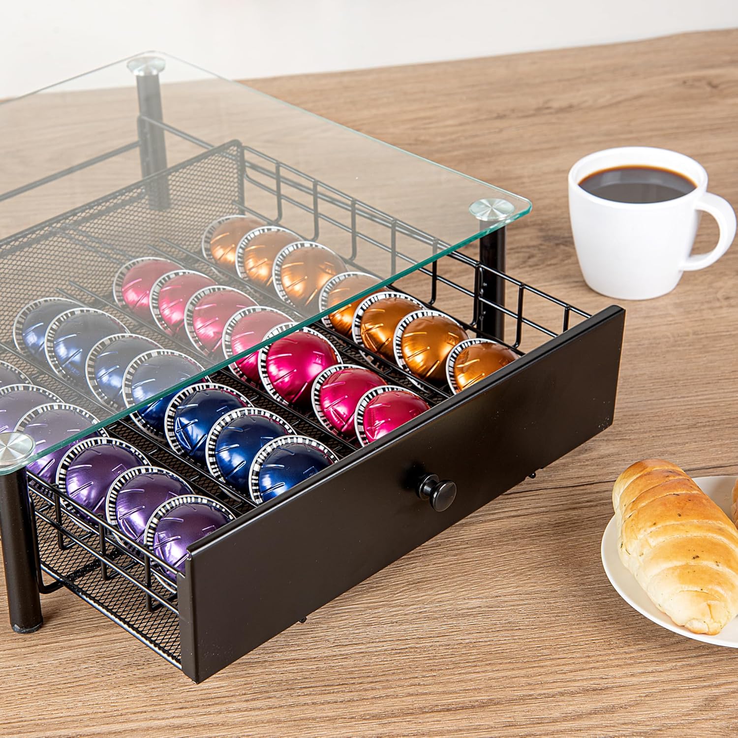 Restaurantware Restpresso 15.6 x 14.1 x 4.2 Inch Coffee Capsule Drawer 1 Heavy-Duty Pod Drawer - Holds 40 Nespresso Vertuo Capsules Glass Top Iron Espresso Pod Organizer Pods Not Included