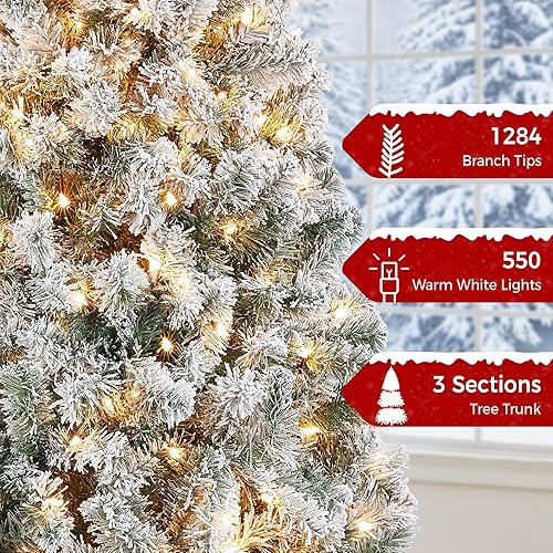 Vista 24 de Yaheetech - Árbol artificial de Navidad con luces incandescentes de color blanco cálido, con flecos nevados, 2084 ramas, 900 luces y soporte Verde