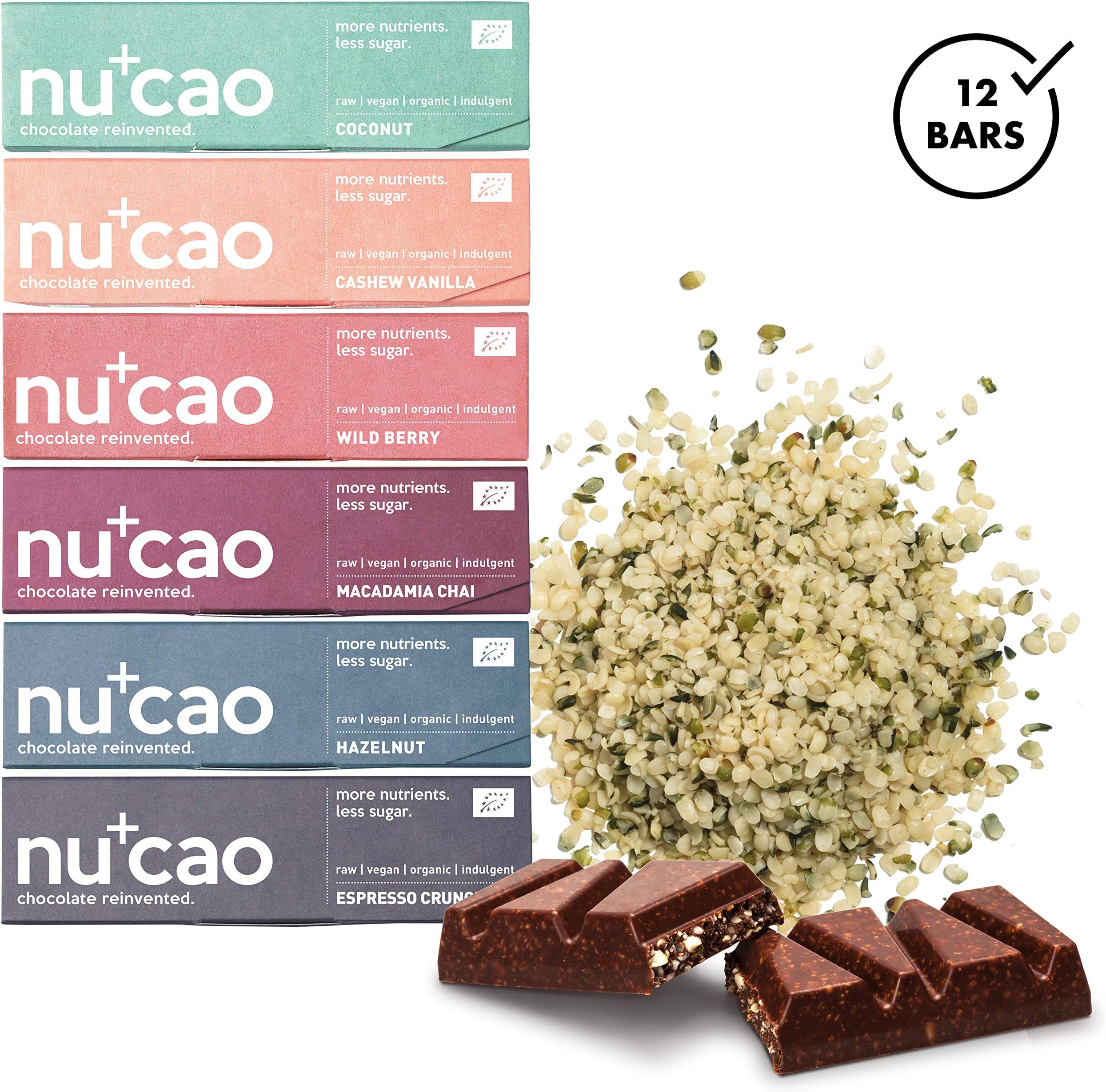 nucao Organic Vegan Chocolate –Mixed Box– Nutritious Chocolate Bar Based on Hemp Seeds & Raw Cocoa [indulgent, raw, plastic free]