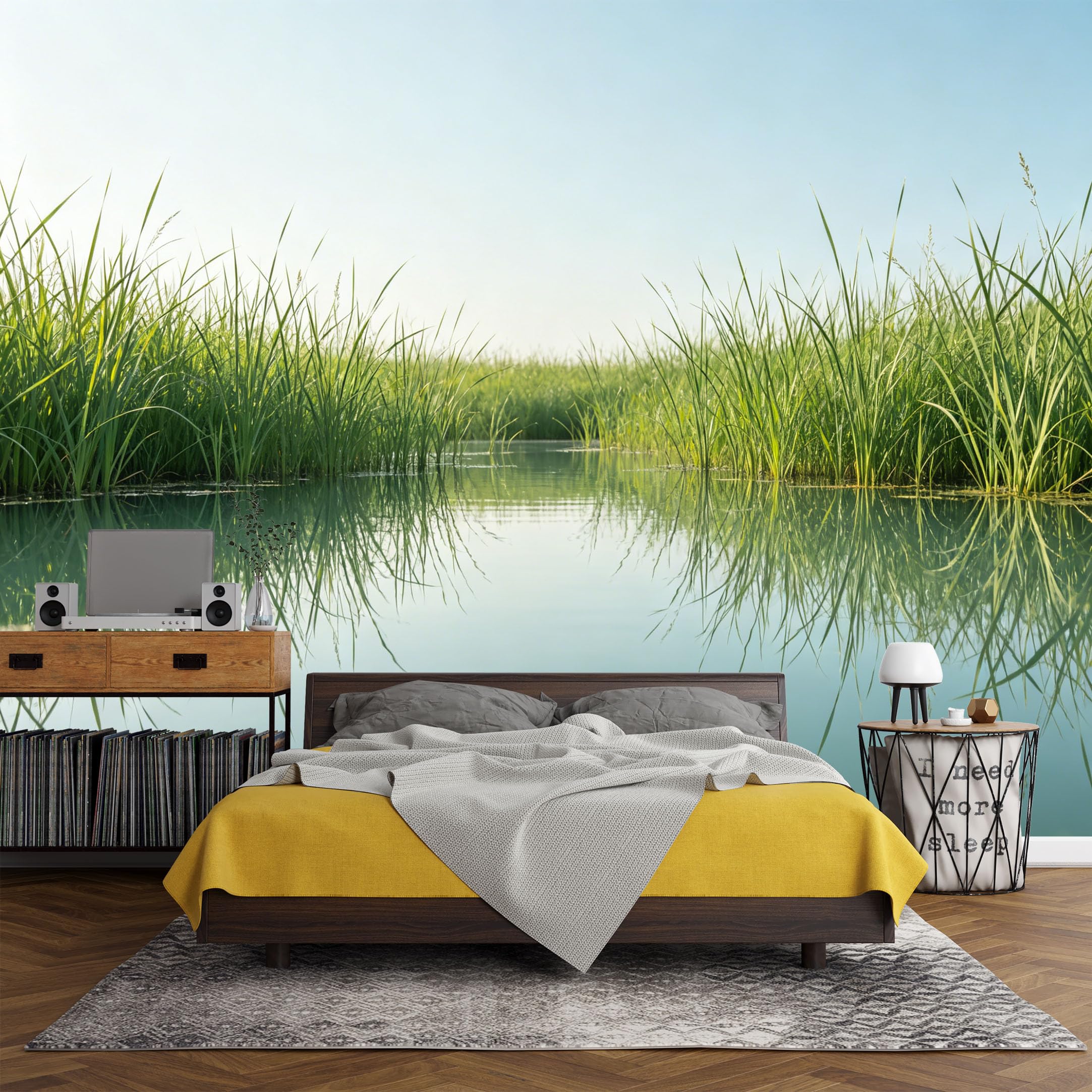 Custom Size Wall Mural， Landscape River Reeds Reflection Lake View Nature Scene，SelfAdhesive Art Prints wall Fabric (No PVC) Removable Wallpaper Living Room Decor