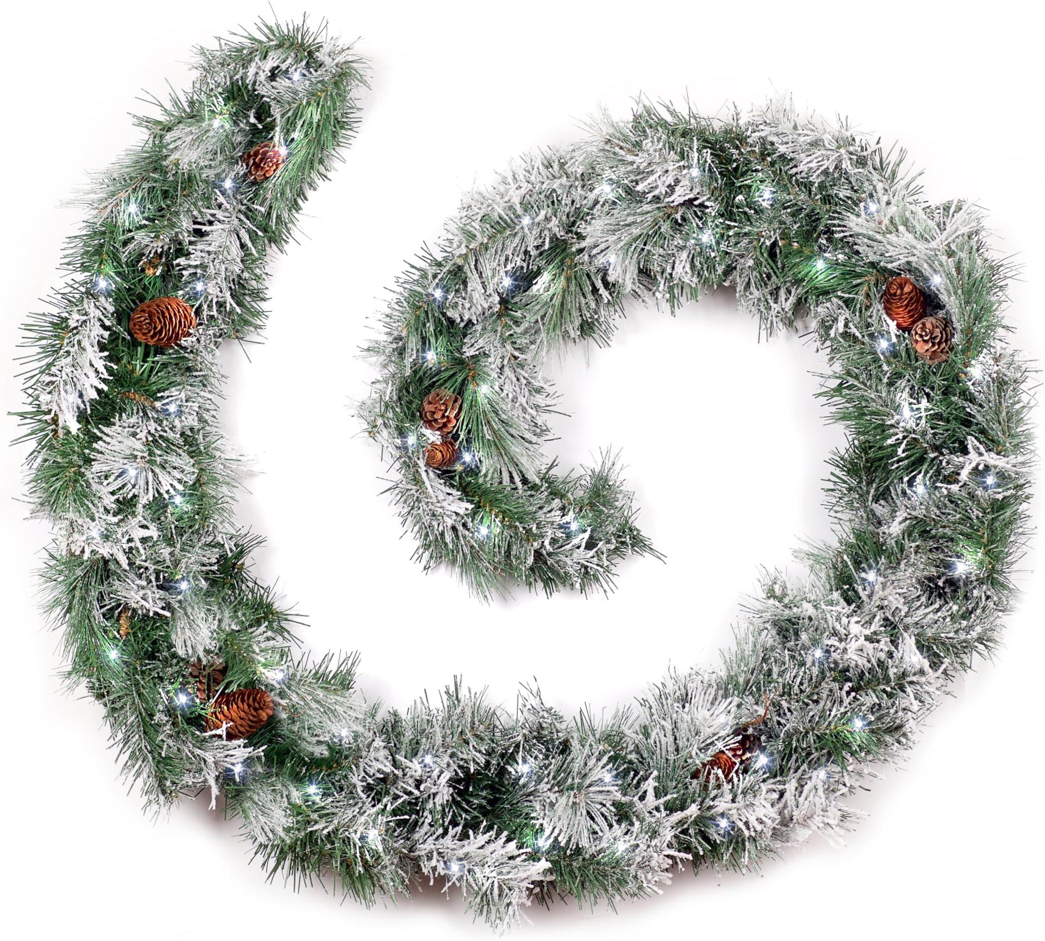 Frosted Colorado Pine Christmas Garland with Pine Cones Indoor Xmas with Bright White LED Battery Lights (6ft / 180cm)