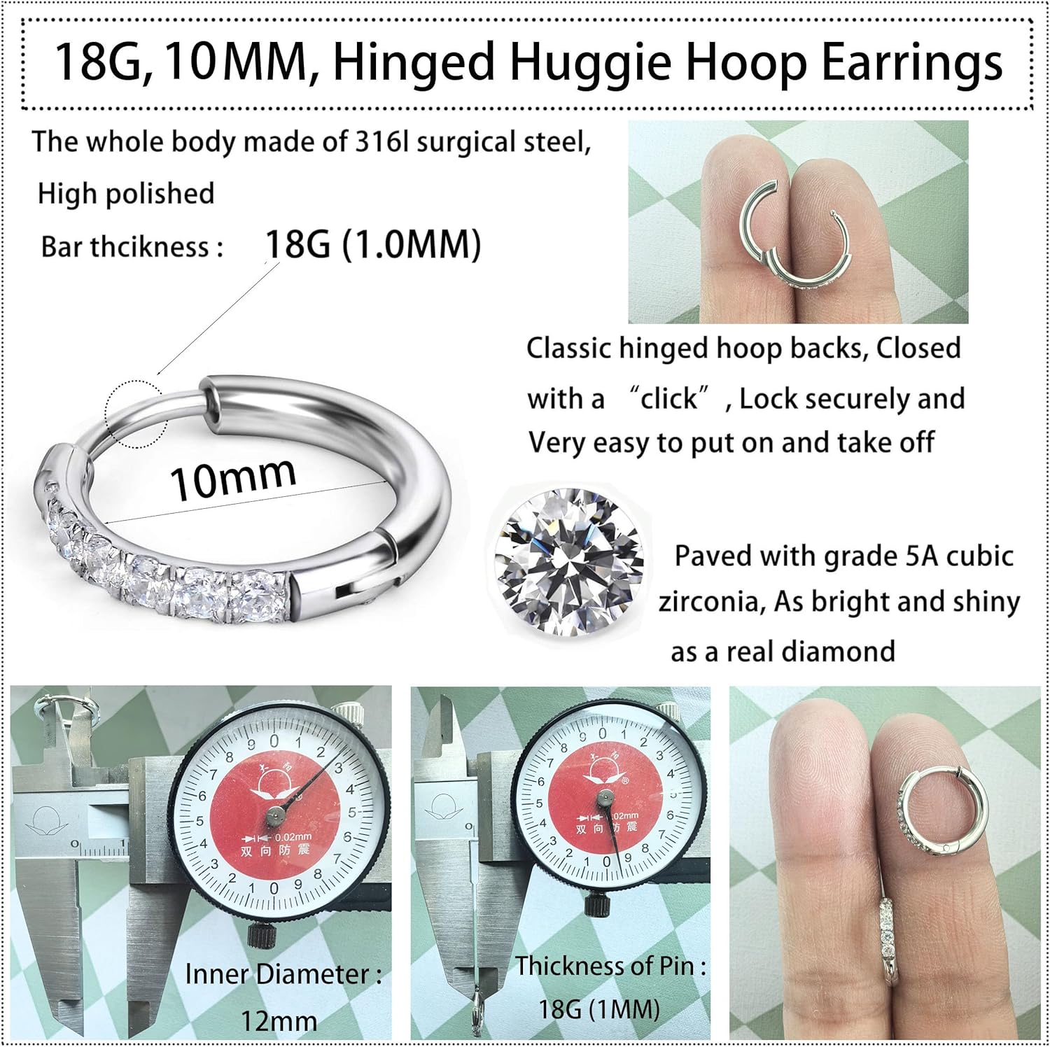 Hypoallergenic Unisex Surgical Steel Small Cubic Zirconia Huggie Hoop Earring, Color Gold - Silver - Rose Gold - Black - Rainbow, Size 6mm- 12mm Safe for Sensitive Ear - Image 4