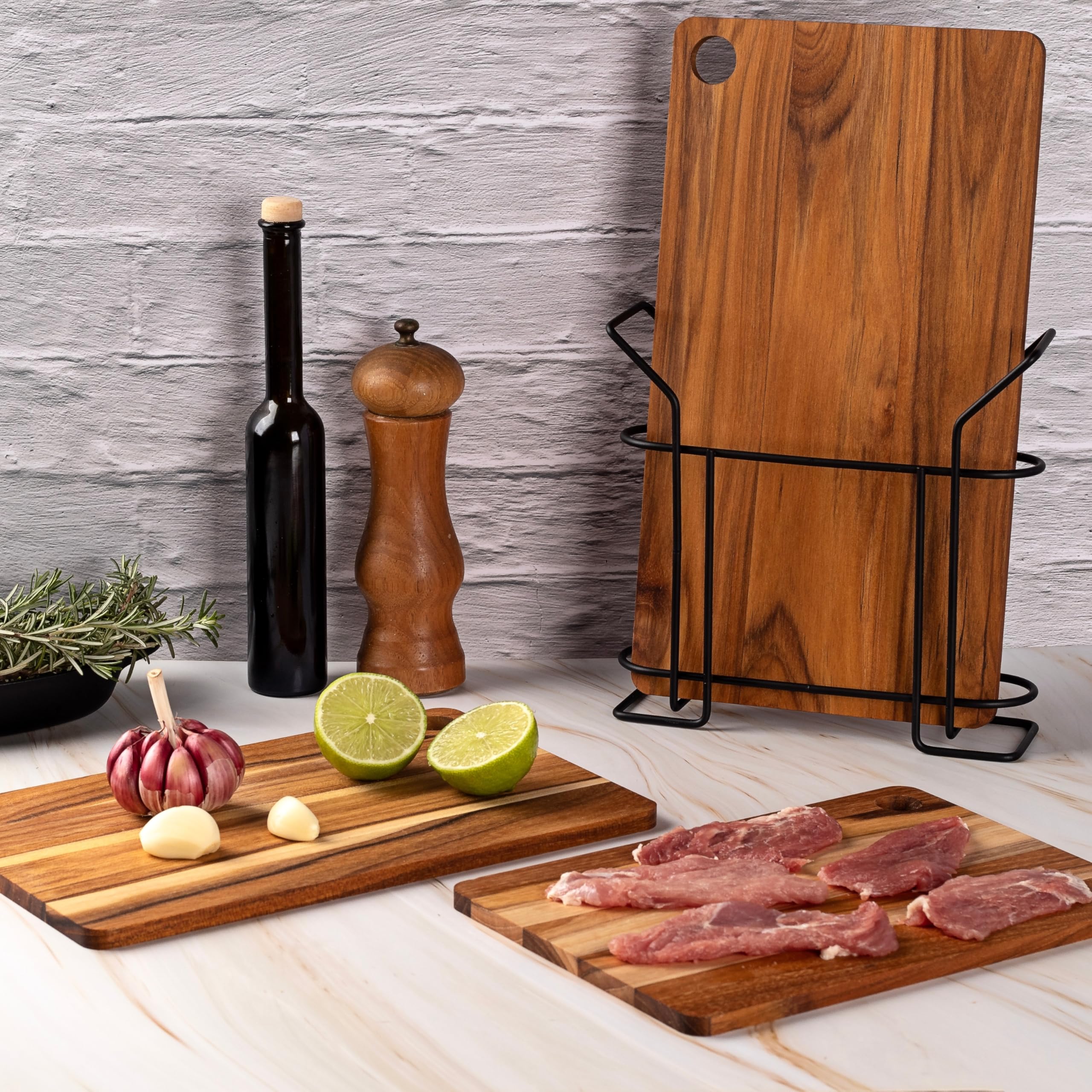 Erreke Set de 3 Tablas Reversibles en Madera de Teca en Diferentes Tamaños, Tabla Cortar Cocina Madera, Soporte Incluído Cocina Barbacoa Servir Carne Queso Pan