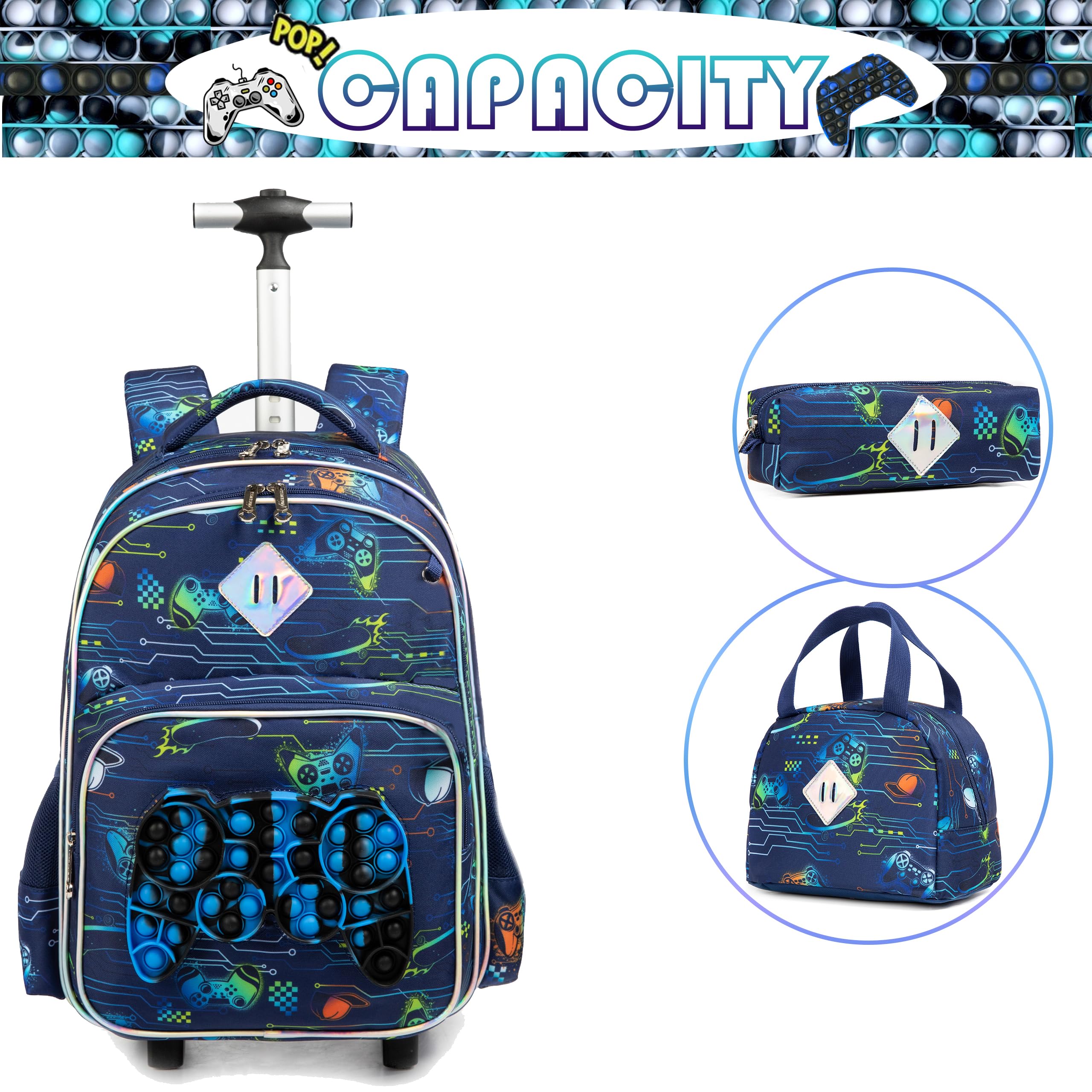 HTgroce Cartable a Roulette Garçons Primaire, 3 in 1 Sac à Roulettes Bagages De Voyage avec Roues Sac À Lunch Et Étui À Crayons.