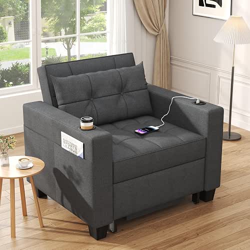 Convertible Sleeper Chair, 3-in-1 Pull Out Sofa Bed, Linen Dark