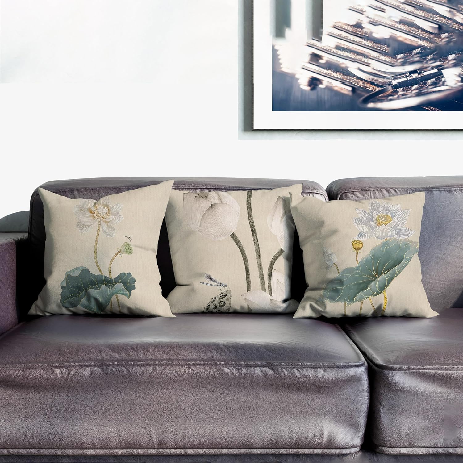 Digital-Printed Lotus-Pattern Cushion Covers in Linen Blend, for Sofa & Room Decor(24 * 32inch,MSHH-N)