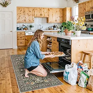 3x6 Washable Hallway Area Rugs: Vintage Floral Entryway Kitchen Runner Rug Ultra Soft Anti-Slip Beside Carpet Indoor Farmhouse Floor Mat for Bathroom Living Room Bedroom Durable Doormat(3x6,Green)