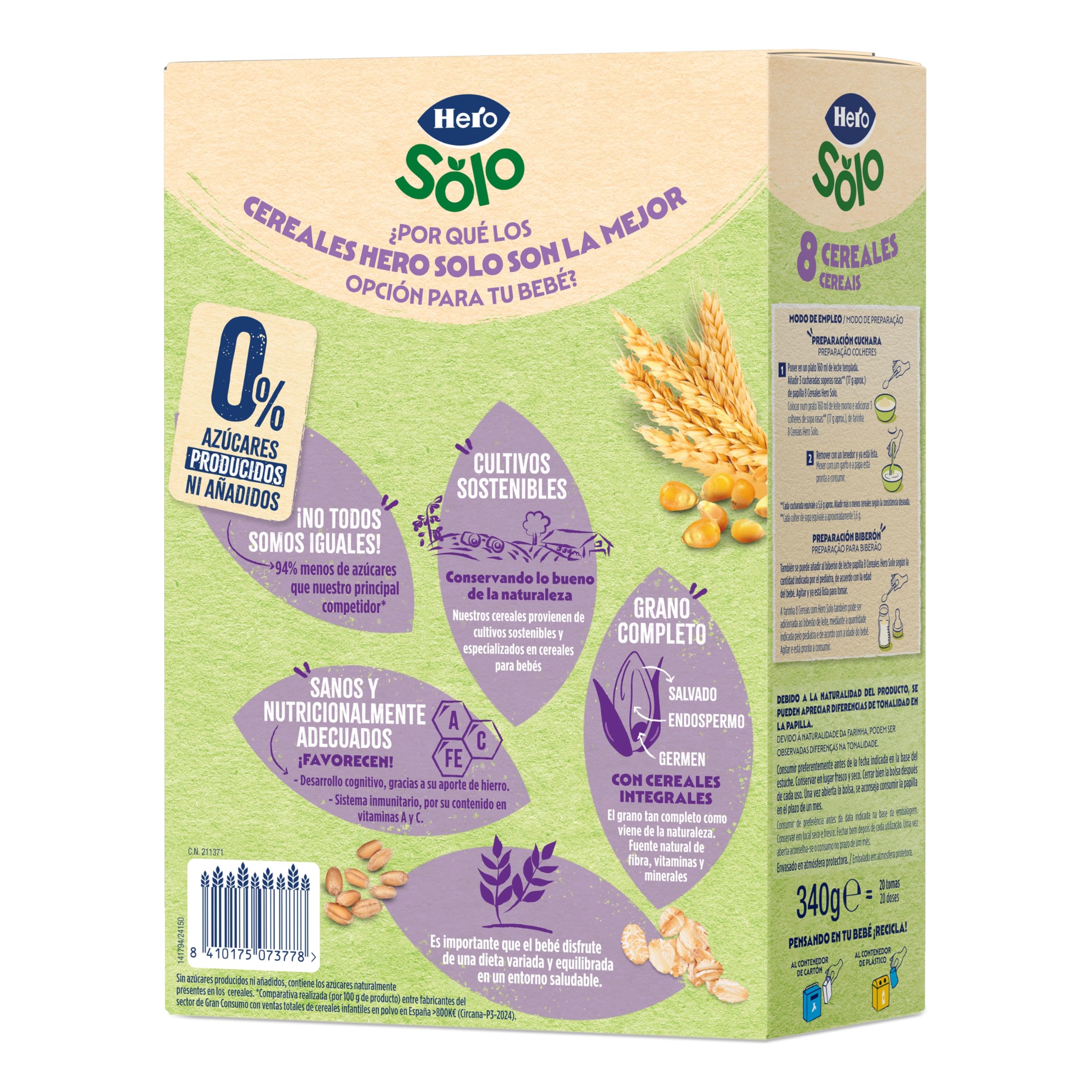 Hero Solo Papilla 8 Cereales Sin Azúcares Añadidos para Bebés a partir de 6 meses