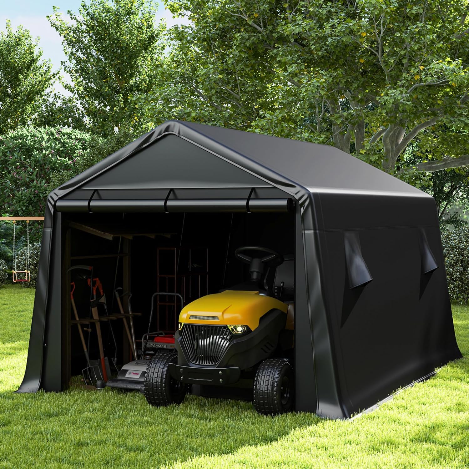 10 x 15 FT Heavy Duty Carport, 240 g PE Waterproof Cover, Outdoor Waterproof Portable Storage Shed with All-Steel Support Frame and Roll-up Door for Car, Garden Tools, Small Tractors 10 x 15 FT Heavy Duty Carport, 240 g PE Waterproof Cover, Outdoor Waterproof Portable Storage Shed with All-Steel Support Frame and Roll-up Door for Car, Garden Tools, Small Tractors