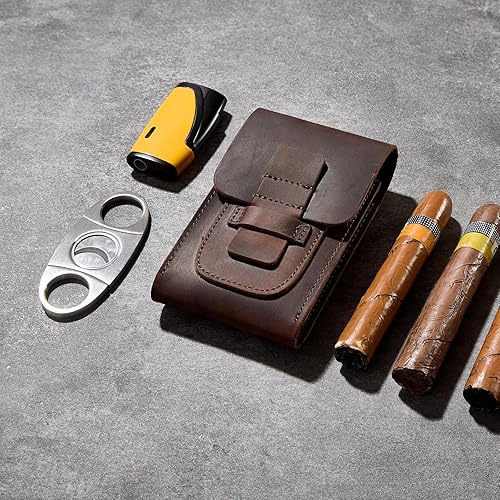 Miniatura 4 de Estuche de cuero para puros, humidor de viaje con capacidad para 3 puros, cuero de grano completo con cortador de puros, hecho a mano, marrón