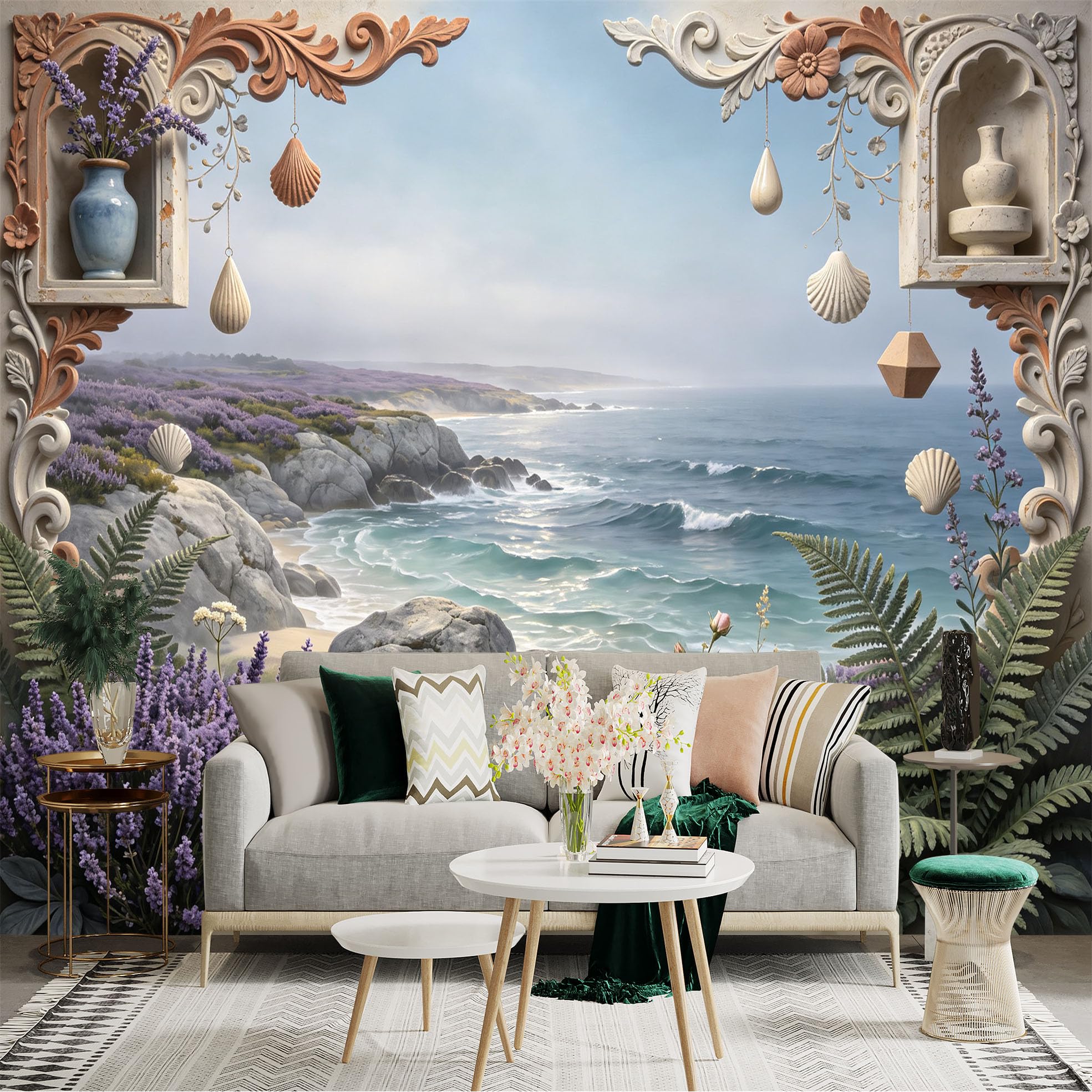 Lnzczhyre Bh260719665 Custom Size Wall Sticker Mural， Coastal Mediterranean View， Lavender Fields And Rocky Shore， Elegant Floral Border And Seashell Decor， For Wall Decoration， Peelandstick Wall Decals.