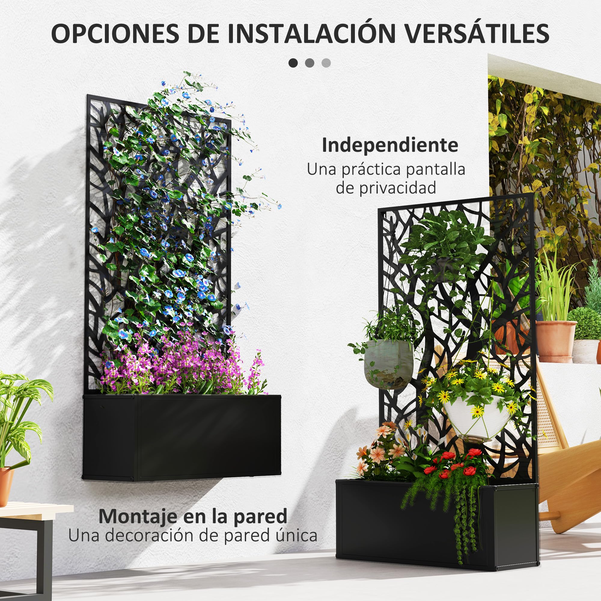 Outsunny Grande fioriera in metallo per esterni Foglie decorative Schermo per la privacy da parete o fioriera indipendente per terrazza 61x23x113 cm Nero