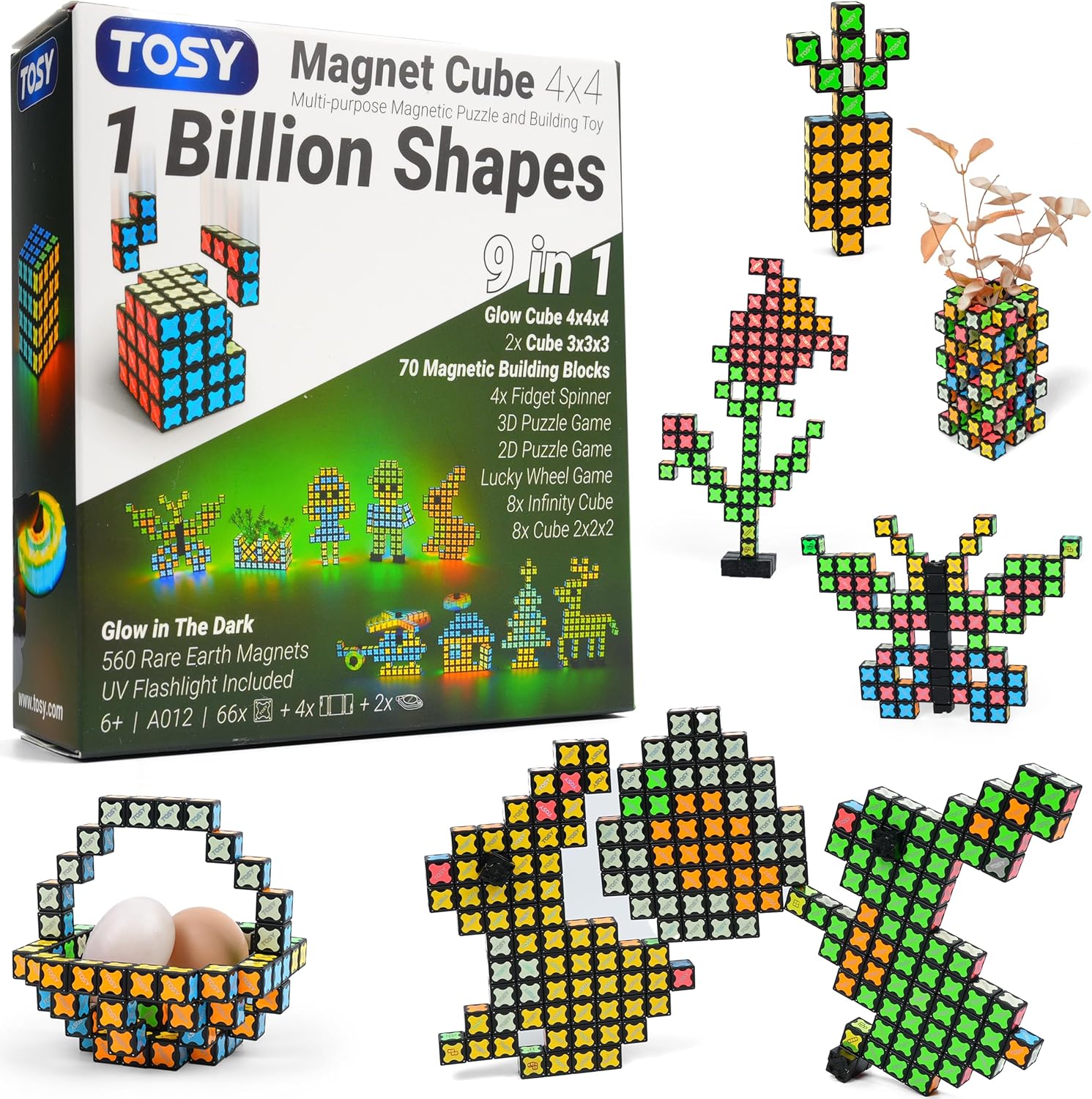 TOSY Magnet Cube 4x4 - 70 Blocks, 560 Magnets, Easter Birthday Gifts for Kids, Multipurpose: Creative Building Blocks, Transformable Fidget Spinner, Puzzle/Infinity Cube, Glowing STEM Toy