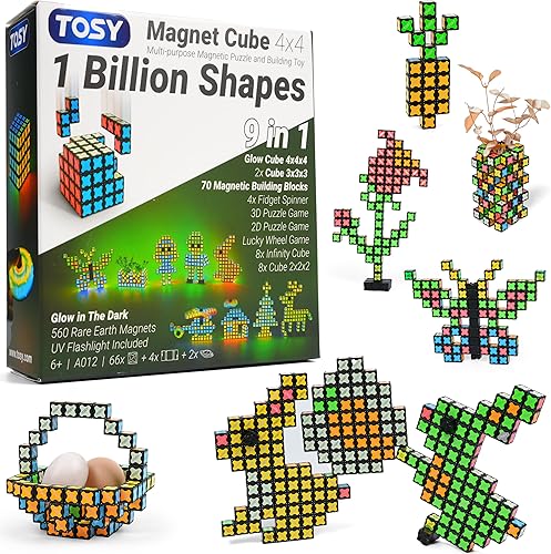 TOSY Magnet Cube 4x4 - 70 Blocks, 560 Magnets, Easter Birthday Gifts for Kids, Multipurpose: Creative Building Blocks, Transformable Fidget Spinner,