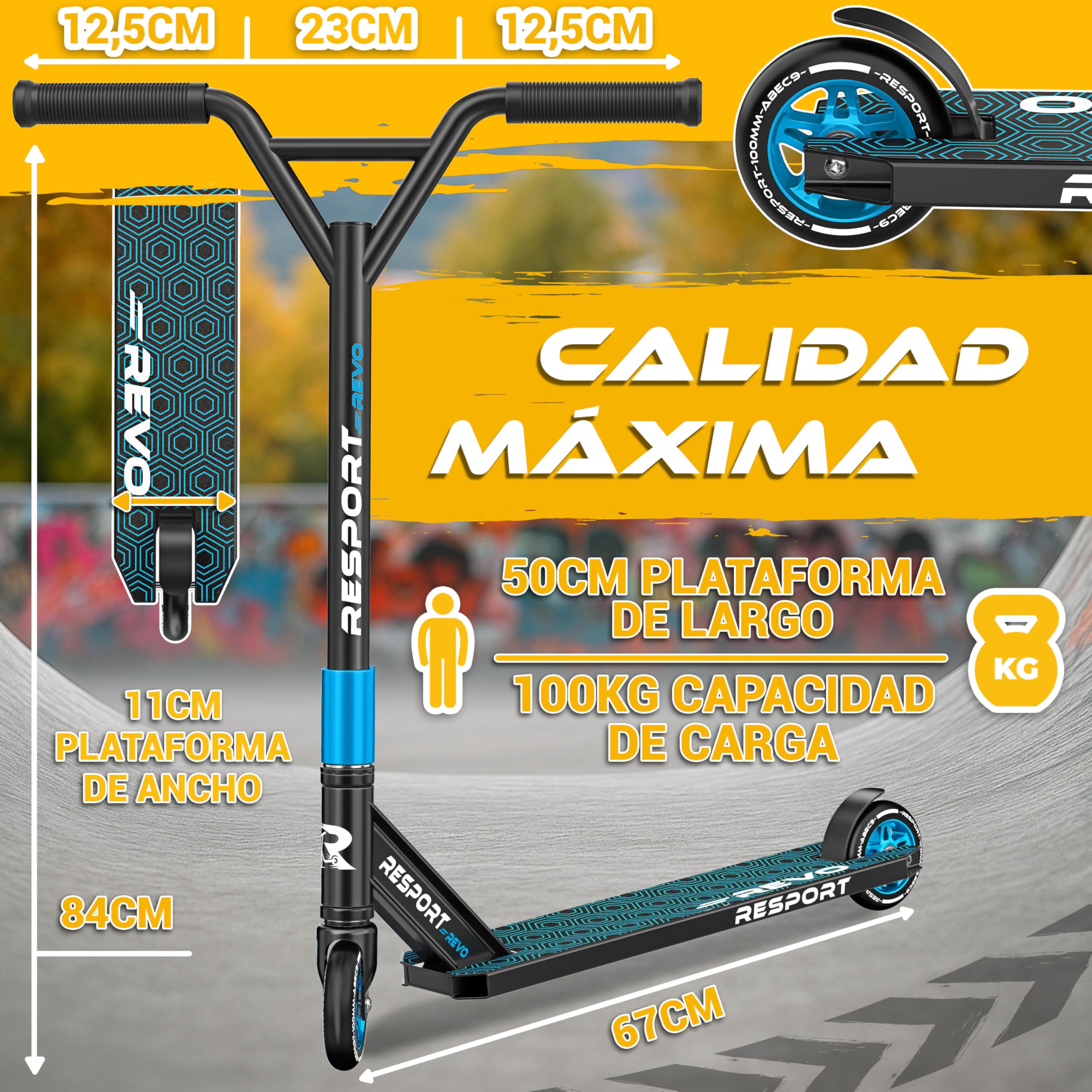 RE:SPORT Patinete de acrobacias Revo para niños y adultos con soporte, patinete profesional de 100 mm, ruedas de poliuretano y barra en Y, patinete de acrobacias, patinete ABEC 9, rodamientos de bolas