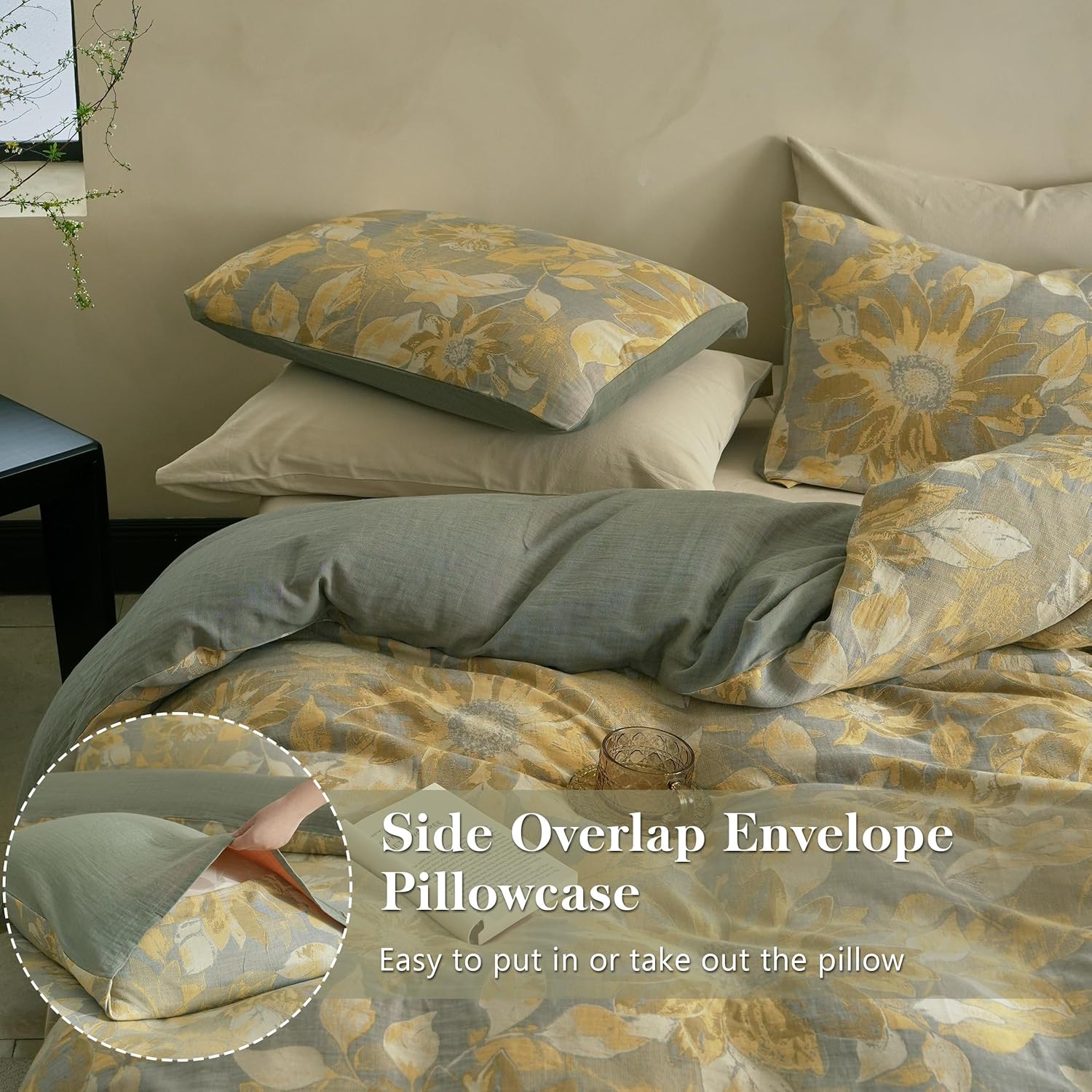 Simple&Opulence Muslin Duvet Cover Set Queen Size, 100% Washed Cotton 3 Pieces Yarn-Dyed Vintage Yellow Floral Jacquard Textured Bedding, Soft & Breathable Gauze Comforter Cover with Zipper Closure
