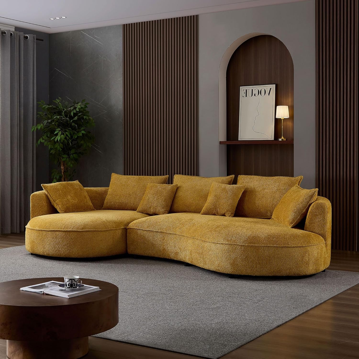 124.8 inch Sofa Couch Modern Curved Cloud Round Sectional Couches Comfy with Pillows Luxury Chaise L Shape Upholstery for Living Room Apartment Yellow Left Hand Facing