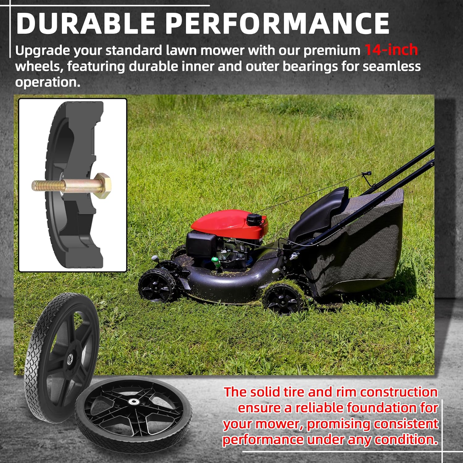 AR-PRO 14-Inch Lawn Mower Wheels - Replacement 14" Push Lawn Mower Wheels with 1-3/4" Width Hub and 1/2" Bearings - Fit for Standard Lawn Mowers, Pressure Washers, Generators and More (2-Pack)