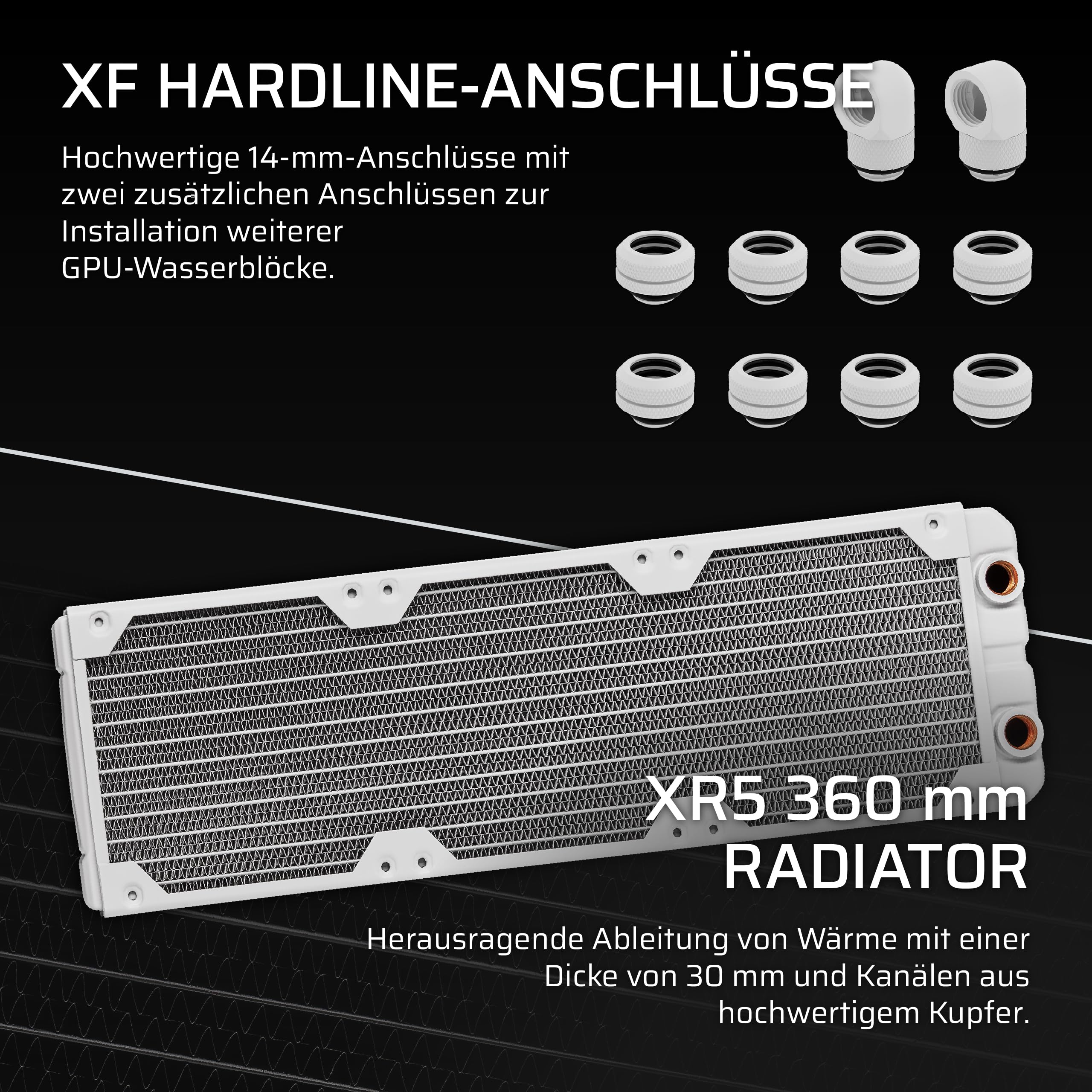 CORSAIR iCUE LINK XH505i RX 360 RGB Individuelles Kühlungs-Kit – XC7 ELITE CPU-Wasserblock, XD6 ELITE-Pumpenreservoir, 3x RX120 RGB-Lüfter, XR5 360-mm-Radiator, iCUE LINK-Systemhub - Weiß