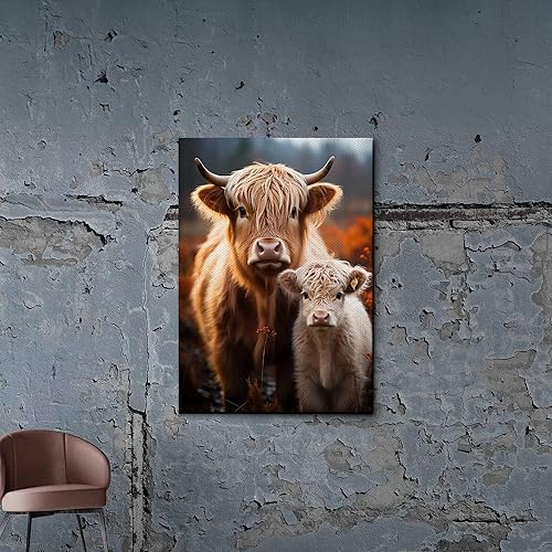 Highland Cow Wall Art, This Is Our Happy Place Inspirational Canvas Poster for Home, Long Haired Scottish Cow with White Flower Picture Farmhouse