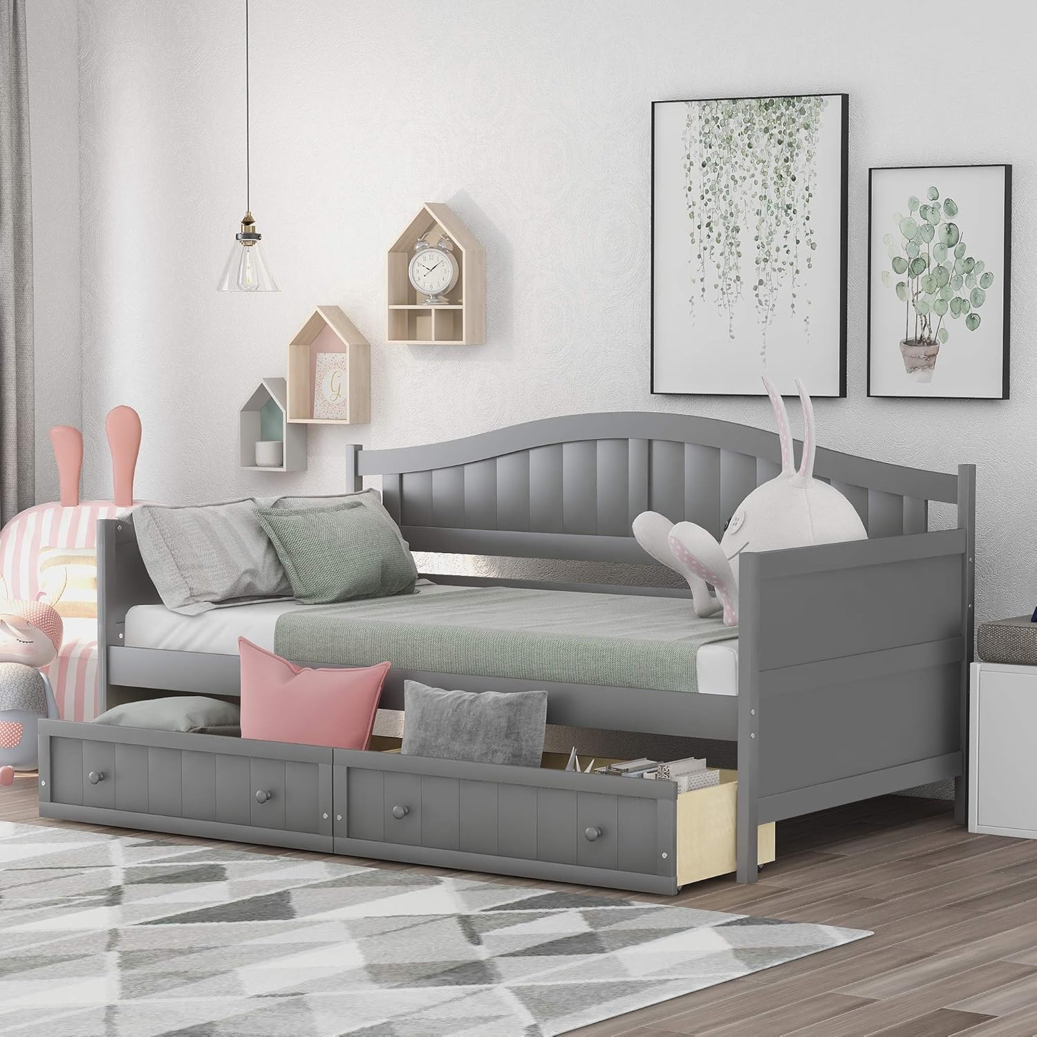 YOGALD Twin Bed Frame with Drawers, DayBed with Storage, Wooden Bed Frame with Headboard and Fence, No Box Spring Needed, for Bedroom, Kids (Gray, with Two Drawers)