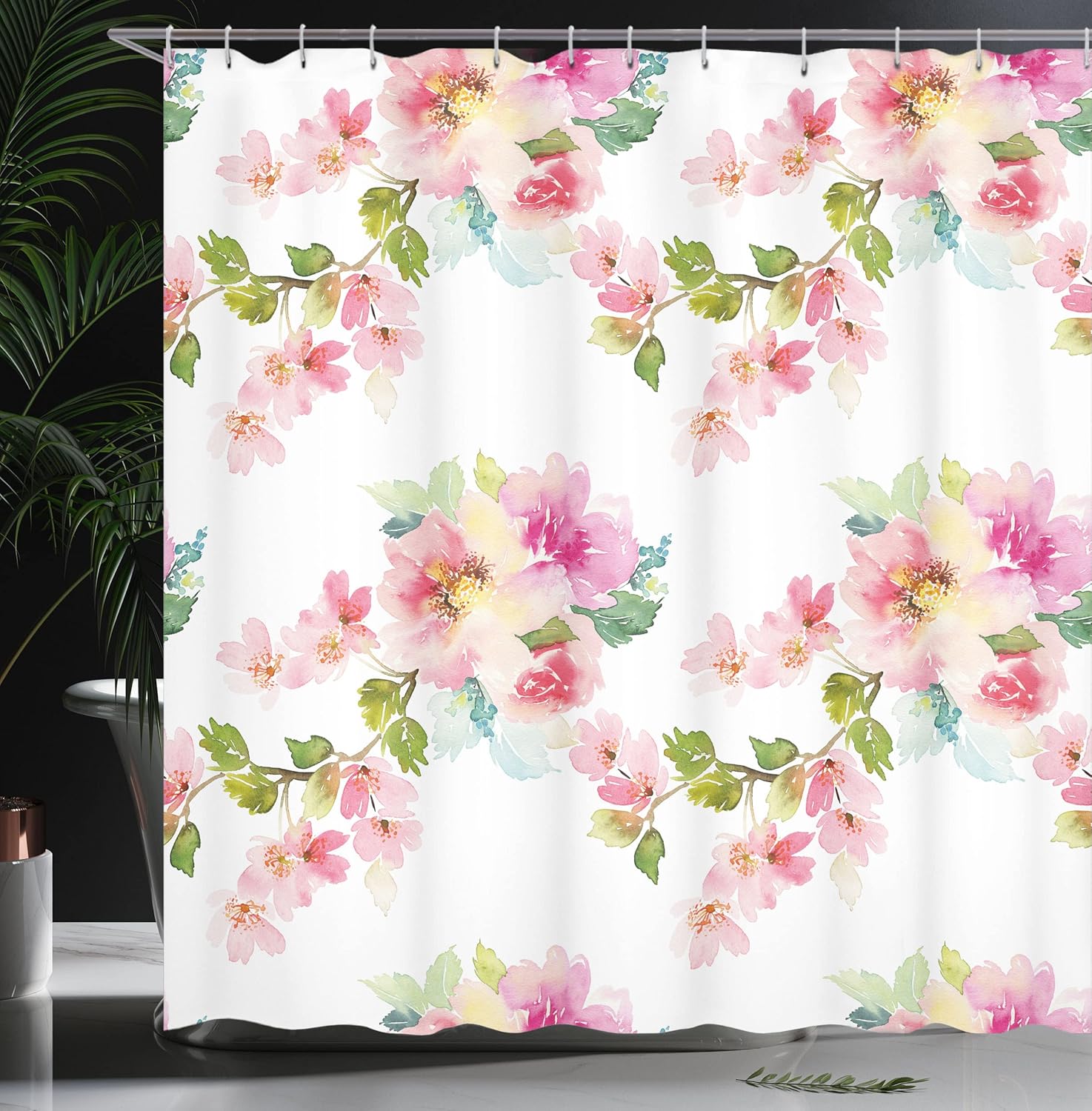 Ambesonne Floral Shower Curtain, Watercolor Shabby Form Nature Petals in Soft Tones Picture, Cloth Fabric Bathroom Decor Set with Hooks, 69" W x 84" L, Pale Pink Fern Green