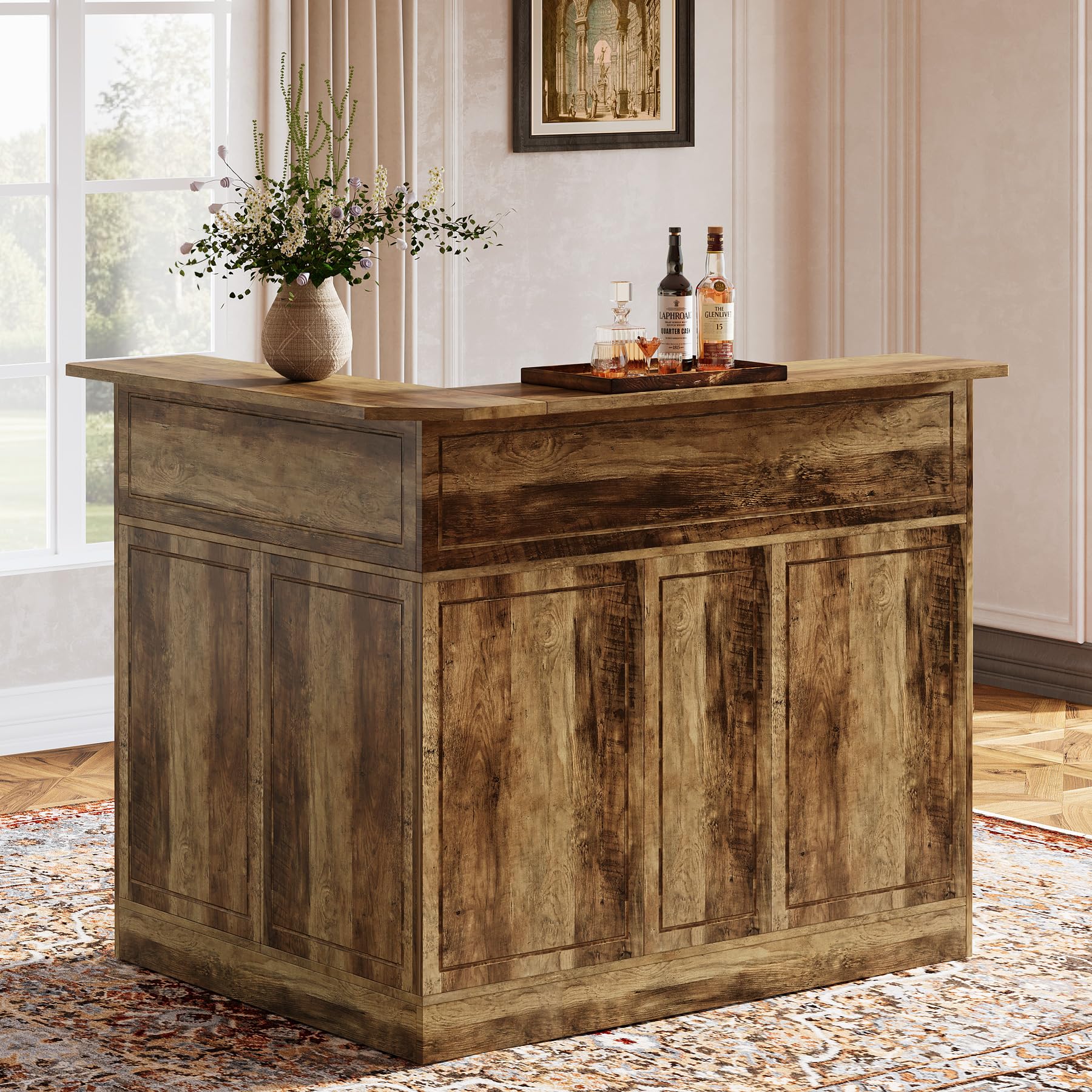 Photo 1 of **MISSING INSTRUCTION MANUAL**Tribesigns Bar Cabinet, L-Shaped Home Bar Table with Stemware Racks, 4-Tier Corner Bar Unit Liquor Wine Bar Table Reception Desk for Home Pub, Rustic Brown