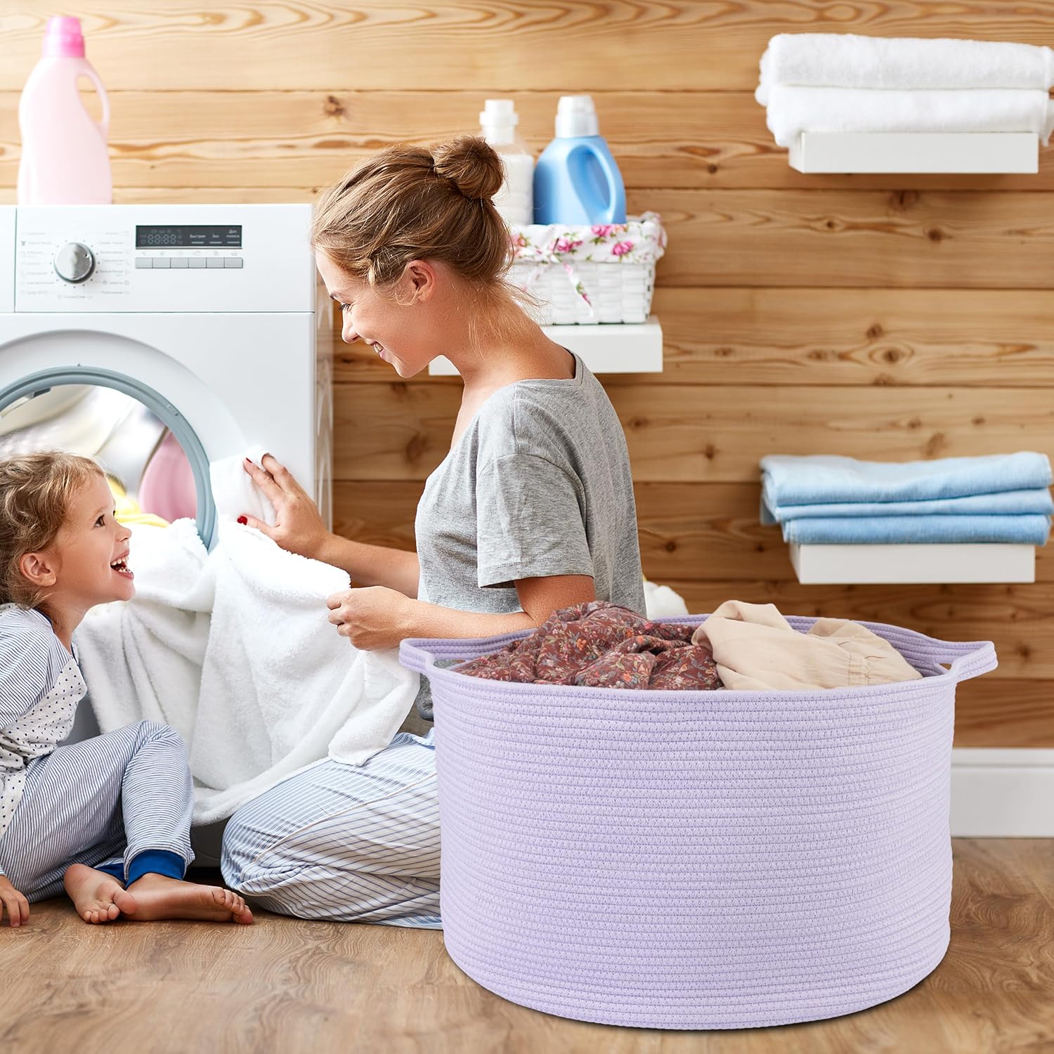 XUANGUO Extra Large Cotton Rope Basket Blankets Basket Living Room 22"x14" Toy Basket for Kids Storage Basket for Nursery Woven Laundry Basket for Clothes Baby Toy Storage round purple or Lavendor