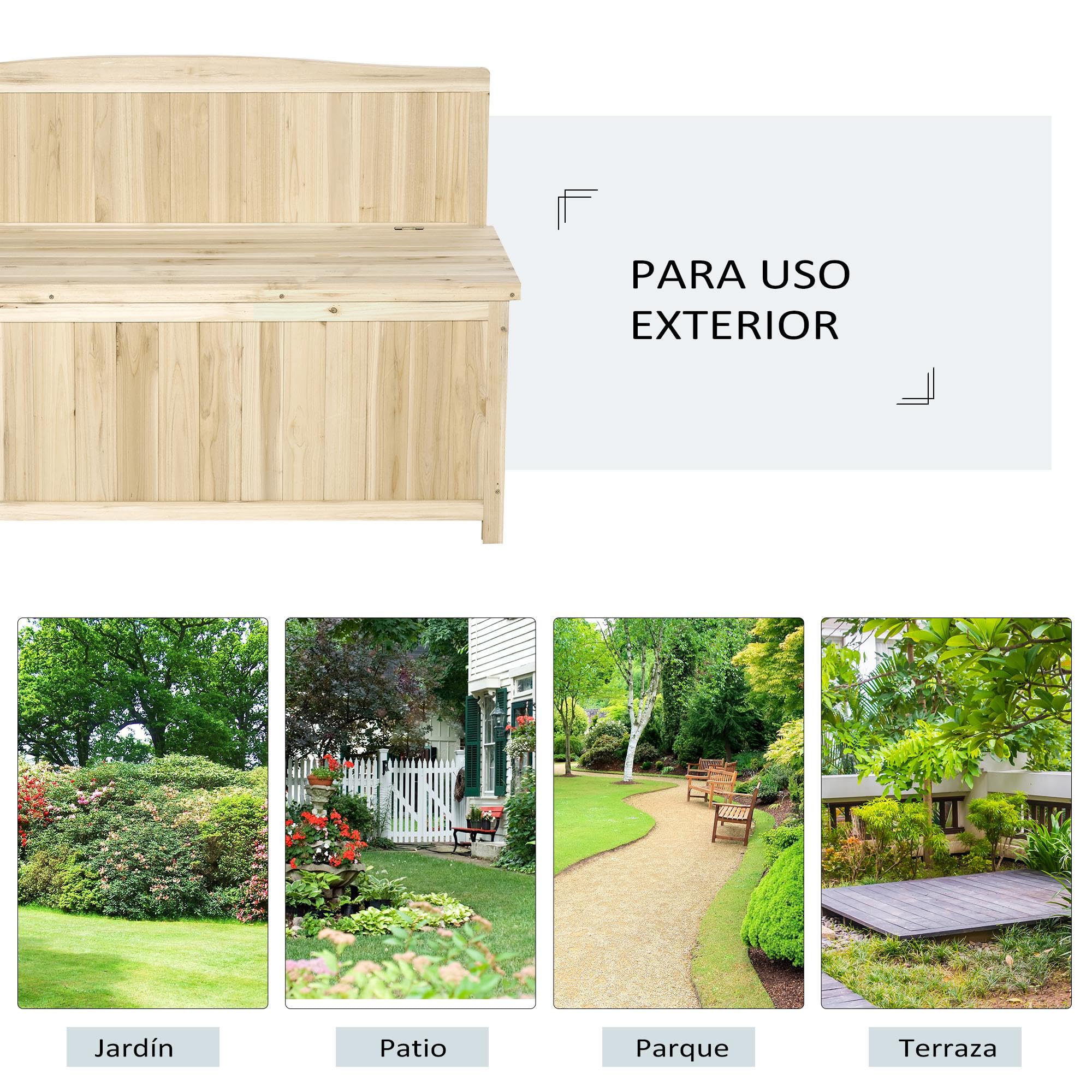 Outsunny Banco de Jardín de Madera Banco de Exterior 115x45x75 cm Natural | Caja de Almacenaje, Respaldo, Carga 250 kg, para Patio Terraza Balcón