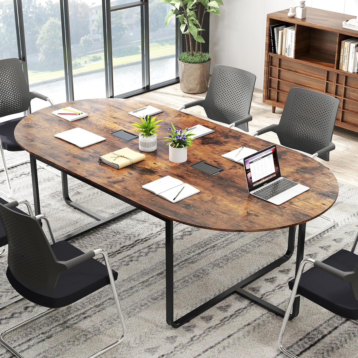 Giantex 95" Conference Table, Large Oval Meeting Table for 10-12 People with Dual Cable Holes & Metal Legs, Industrial Business Training Seminar Table for Office Conference Room Boardroom