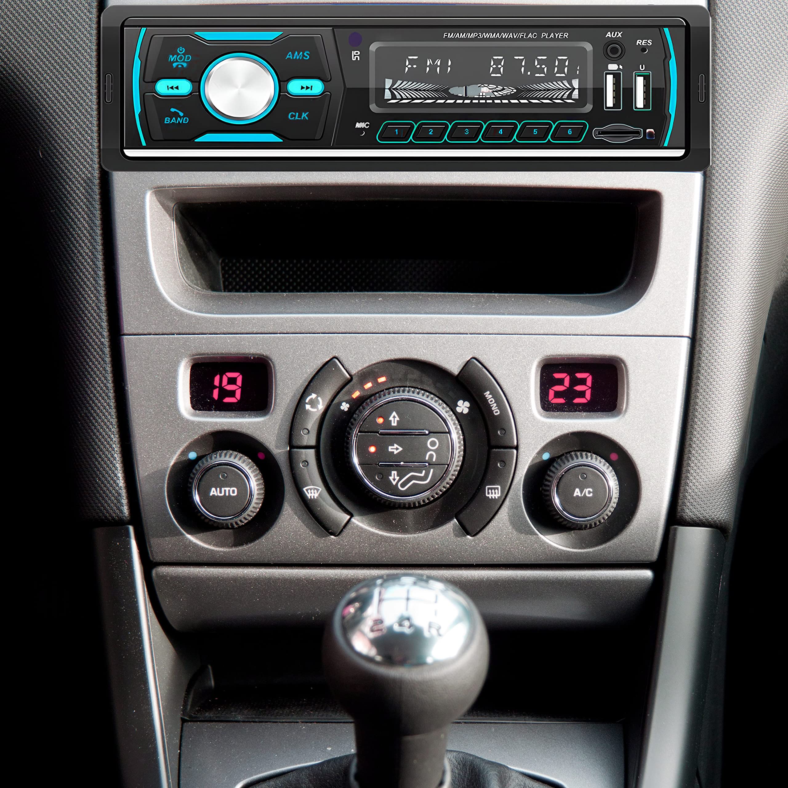 Retoo Radio samochodowe z zestawem głośnomówiącym Bluetooth i pilotem zdalnego sterowania, 1 odtwarzacz MP3 DIN z 2 USB do odtwarzania muzyki i ładowania, kolory RGB, tuner radiowy FM i antena z MP3