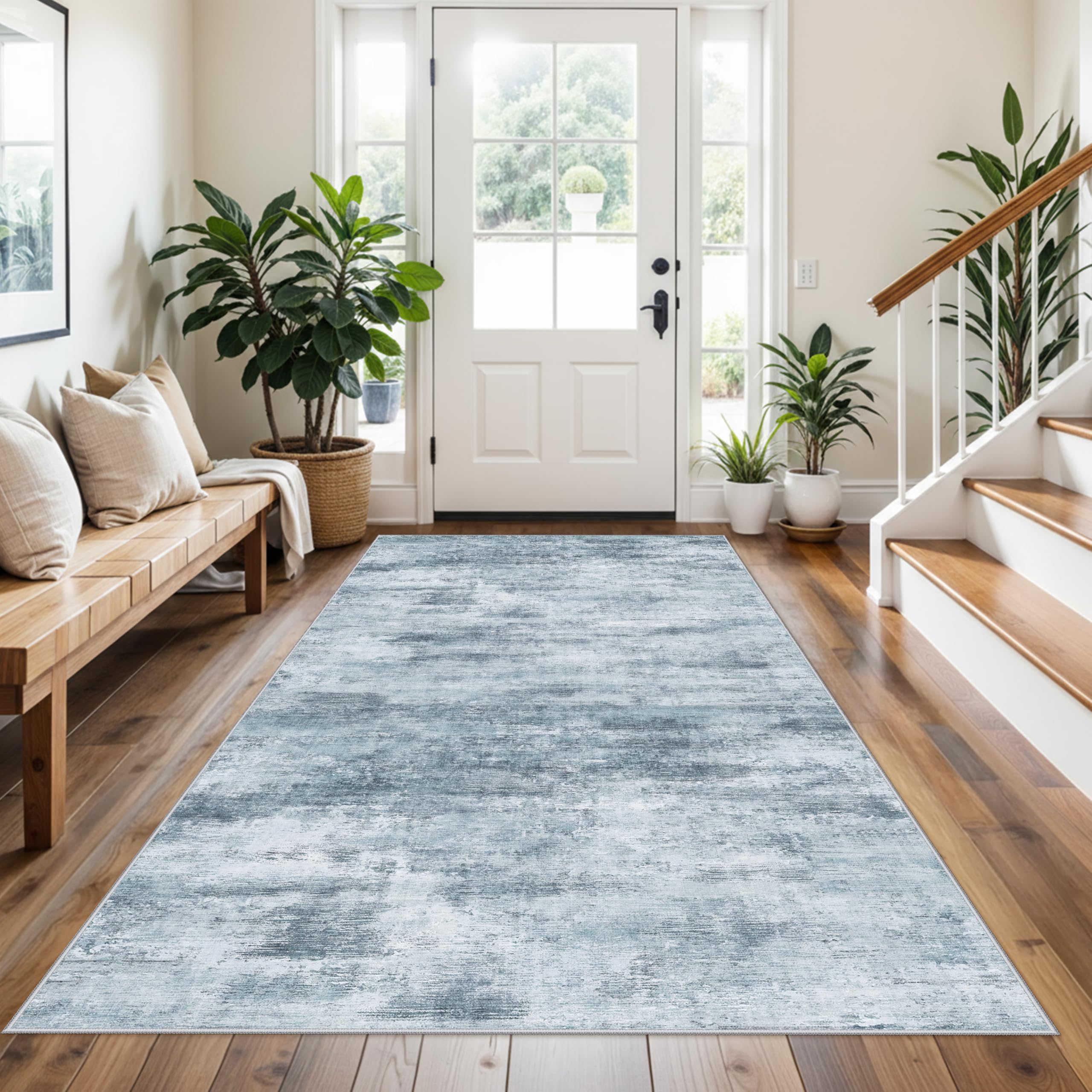4x8 Washable Area Rug – Non-Slip Rubber Backed Indoor Rug for Entryway, Kitchen, Hallway | Modern Abstract Neutral Low Pile Thin Floor Mat for Bedroom, Living Room, Office (Blue Grey) — image 1