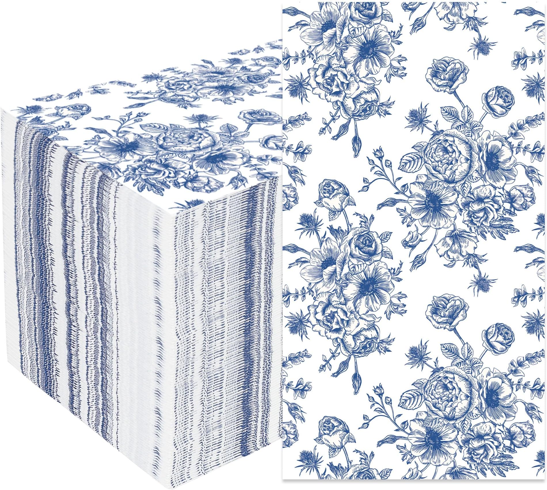 100 Floral Guest Napkins Decorative Hand Towels Blue & White Disposable Paper Spring