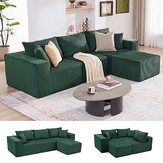 107.4" Cloud Couch Sectional, Modular Sofa with Deep Seat, Plush Corduroy L Shaped Boneless Couch, Convertible Sectional Couches for Living Room, 4Seat, Green - Amazon product rated Grade A