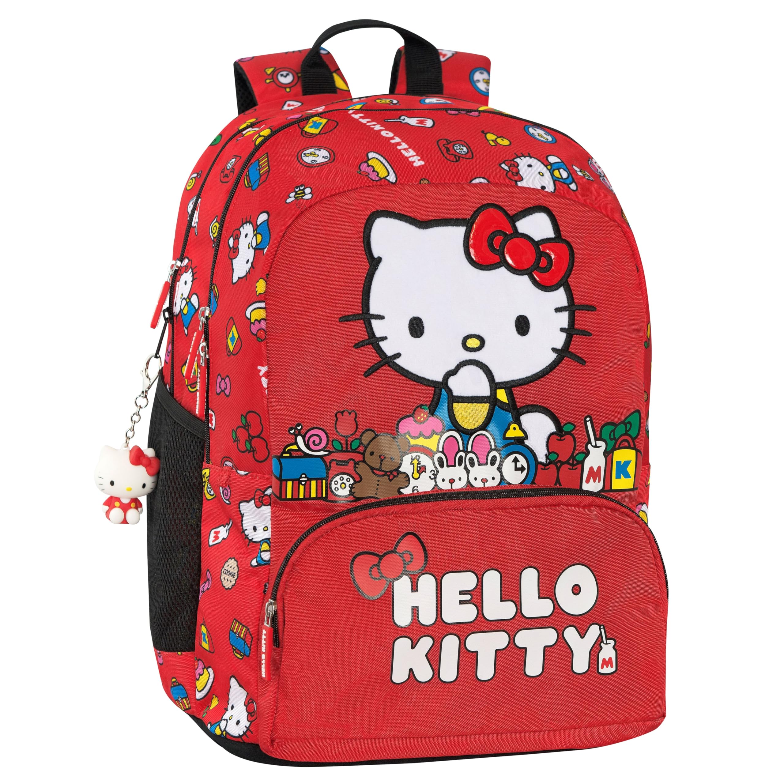 HELLO KITTY - Zaino Scuola Ufficiale Hello Kitty, 2 Ampi Spazi Centrali, Tasche Frontali e Laterali, Charm Staccabile, Spallacci Regolabili e Imbottiti, Schienale Termoformati, 32 x 43H x 23 cm, 31 L