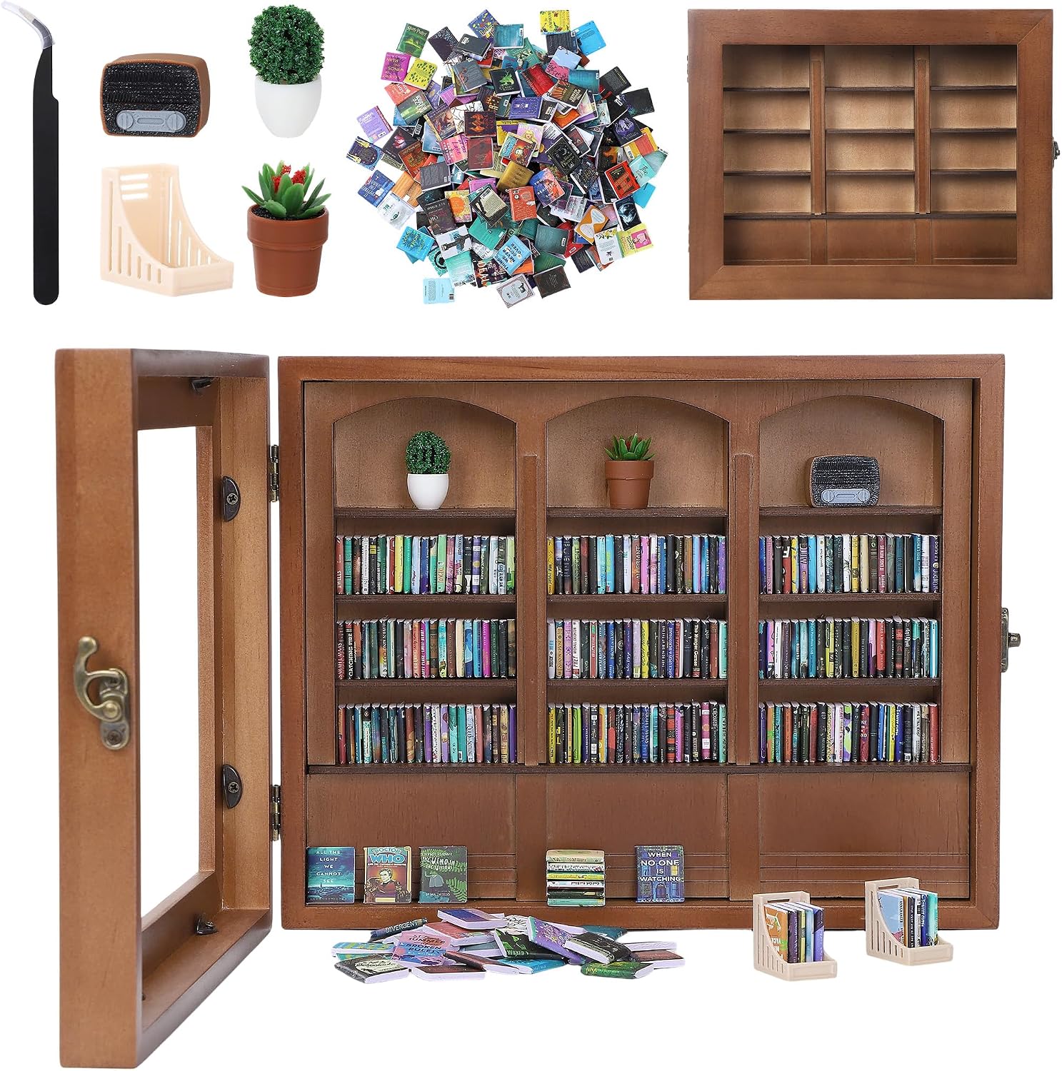 Anxiety Bookshelf Mini Books Display for Stress Relief and Fun Decor Small Decorative Miniature Library Potted Plants Mini Radio for Book Lovers Gifts, Home, Office Decor, White, Large
