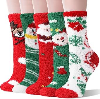 Sandsuced Fuzzy Fluffy Warm Slipper Socks for Women Winter Cozy Thick Cute Crew Sleep Comfy Fleece Christmas Socks 5 Pairs