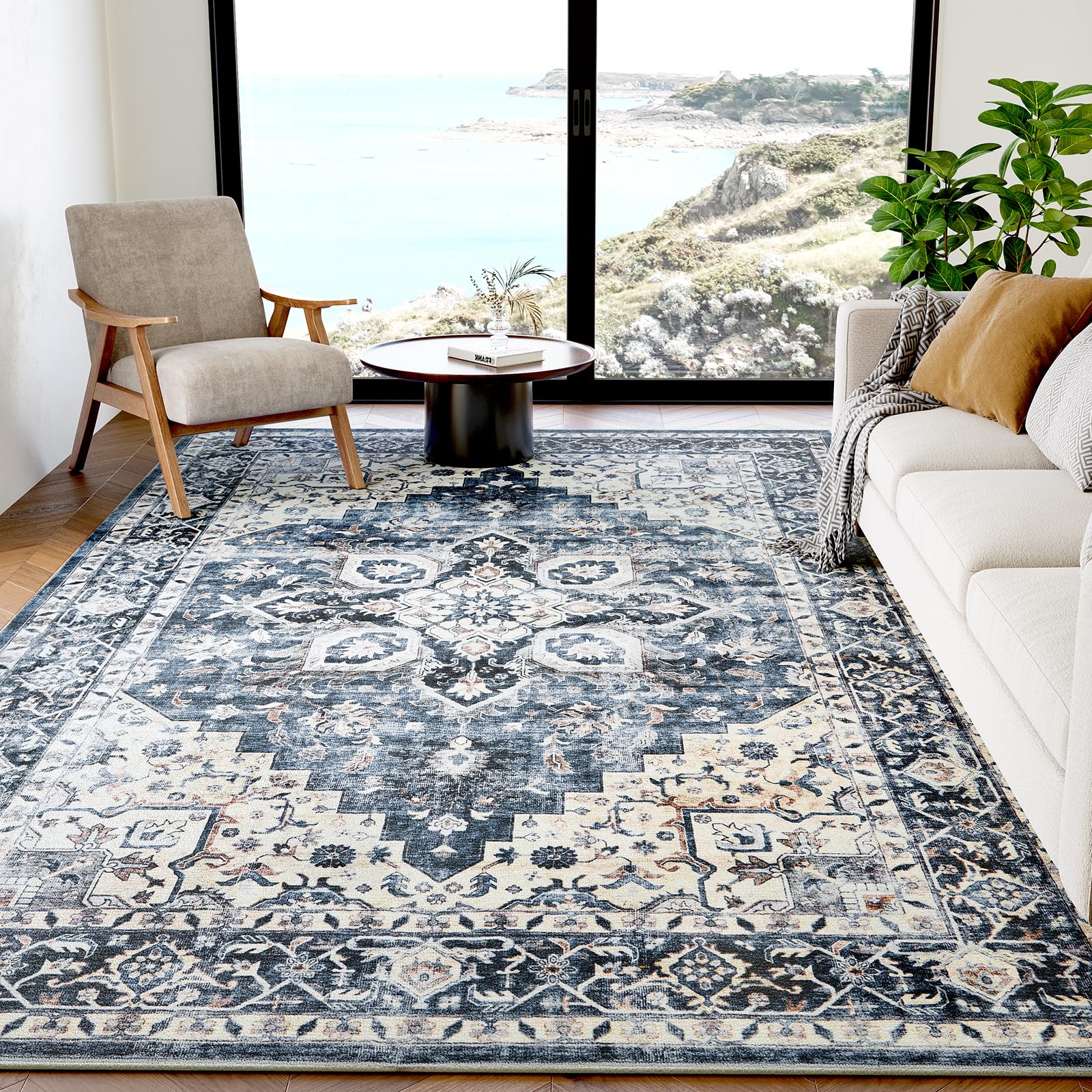AMADA HOMEFURNISHING Vintage Washable Rug, 5x7, Blue