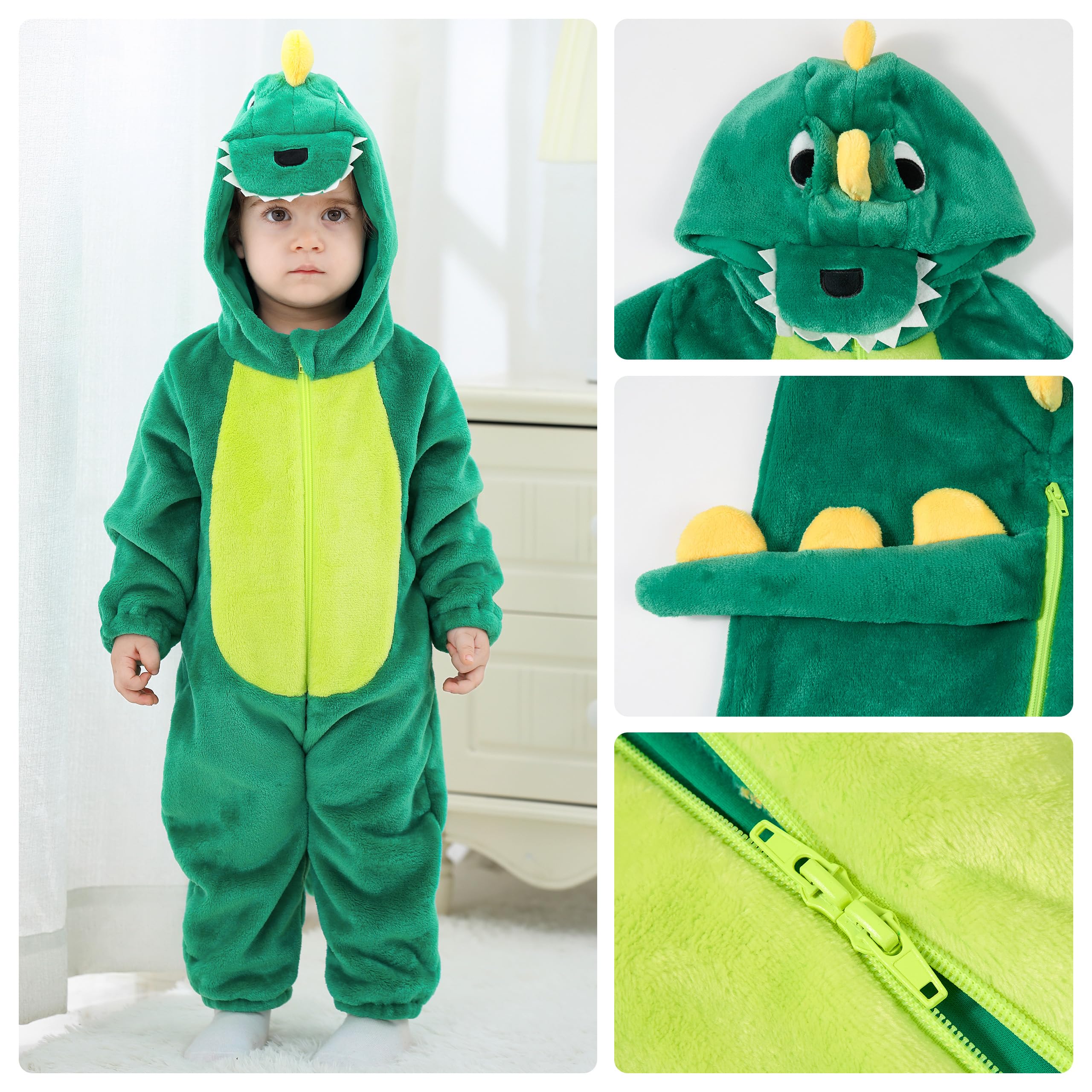 LOLANTA Costume da Dinosauro per Bambino Unisex, Costume da Animale con Cappuccio per Bambino, Tuta Sindacale in Flanella, Verde Lago, 18-24 mesi