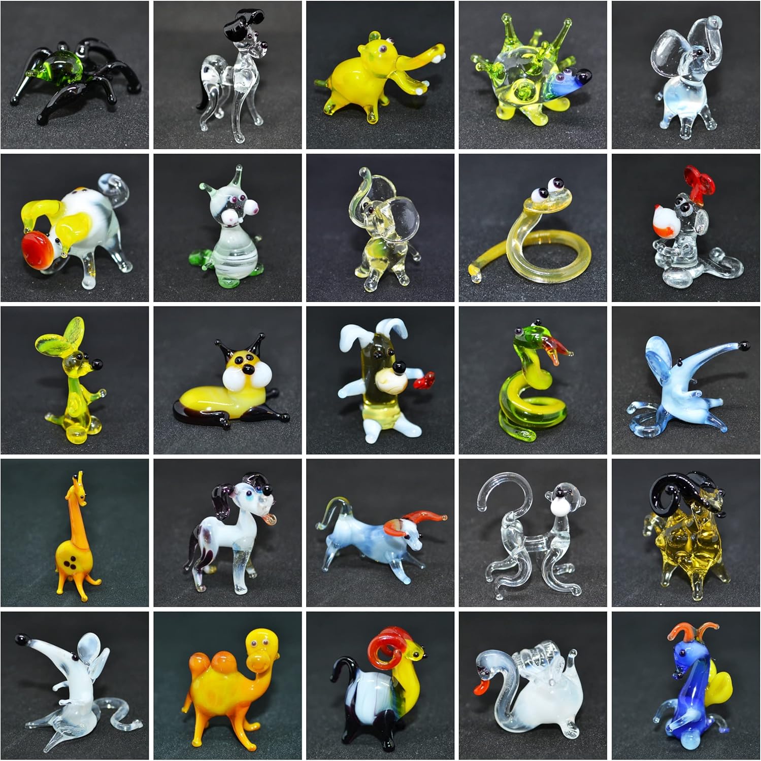 Set of 25 Mini Glass Animal Figurines (1”) – Hand-Blown Assorted Miniatures – Tiny Collectible Ornaments for Fairy Garden, Dollhouse & Desk – Gift for Collectors & Craft Décor