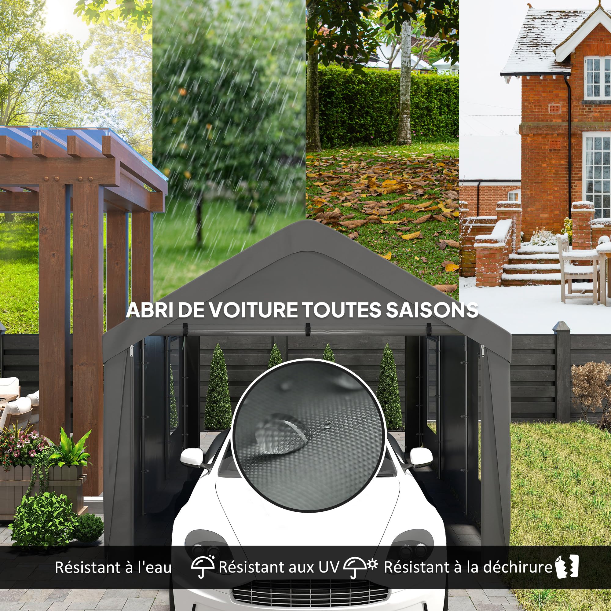 Outsunny Carport Tente de Garage 3 x 6 m abri Voiture extérieur Tente de Stockage avec parois latérales Amovibles, 2 Portes enroulables et 4 fenêtres, pour Camion, Bateau, Gris foncé