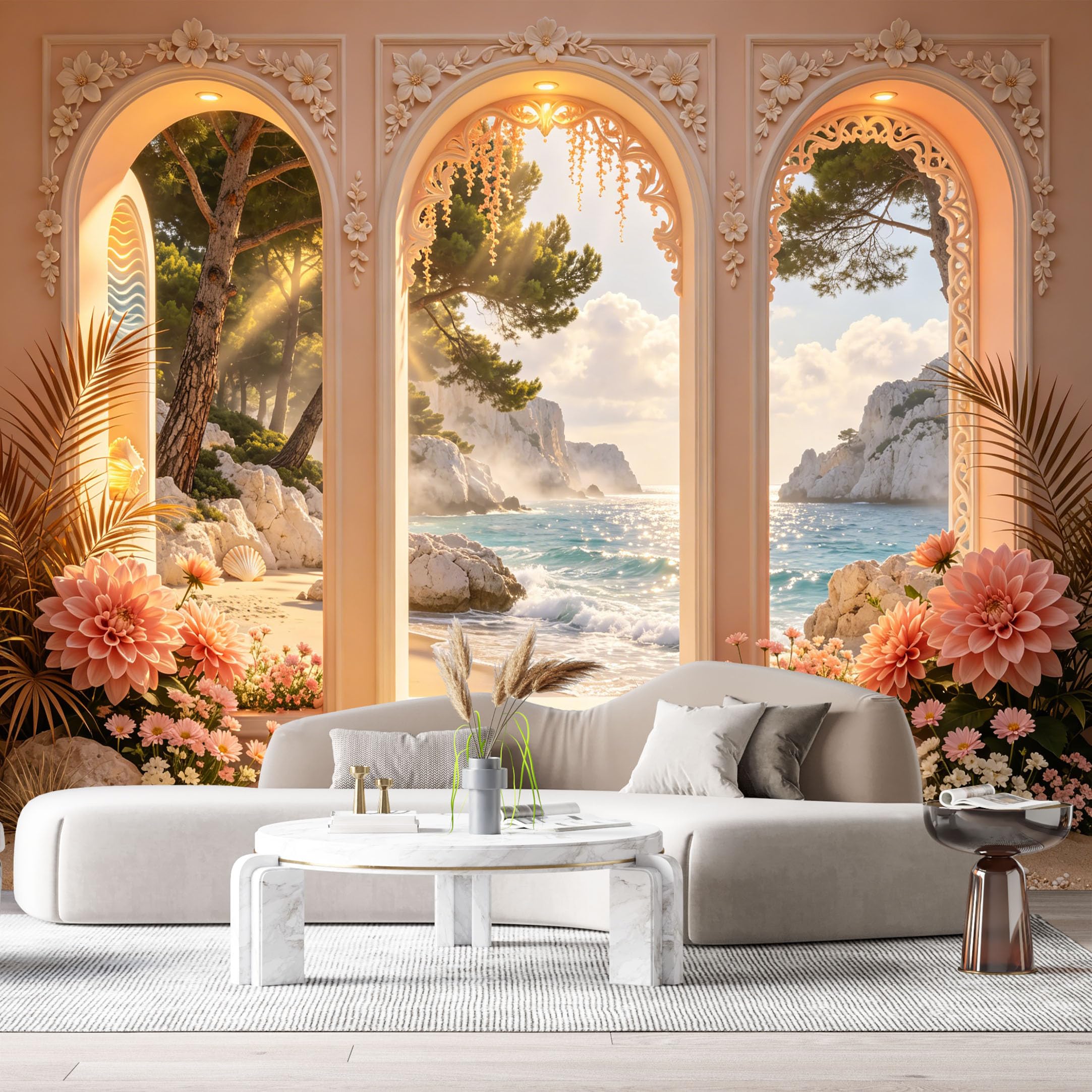 Custom Size Wall Murals Arch Window Coastal Landscape 3D Trompe l’oeil Beach Ocean Flowers SelfAdhesive Wall Fabric Removable Large Wallpaper for Photo Living Room