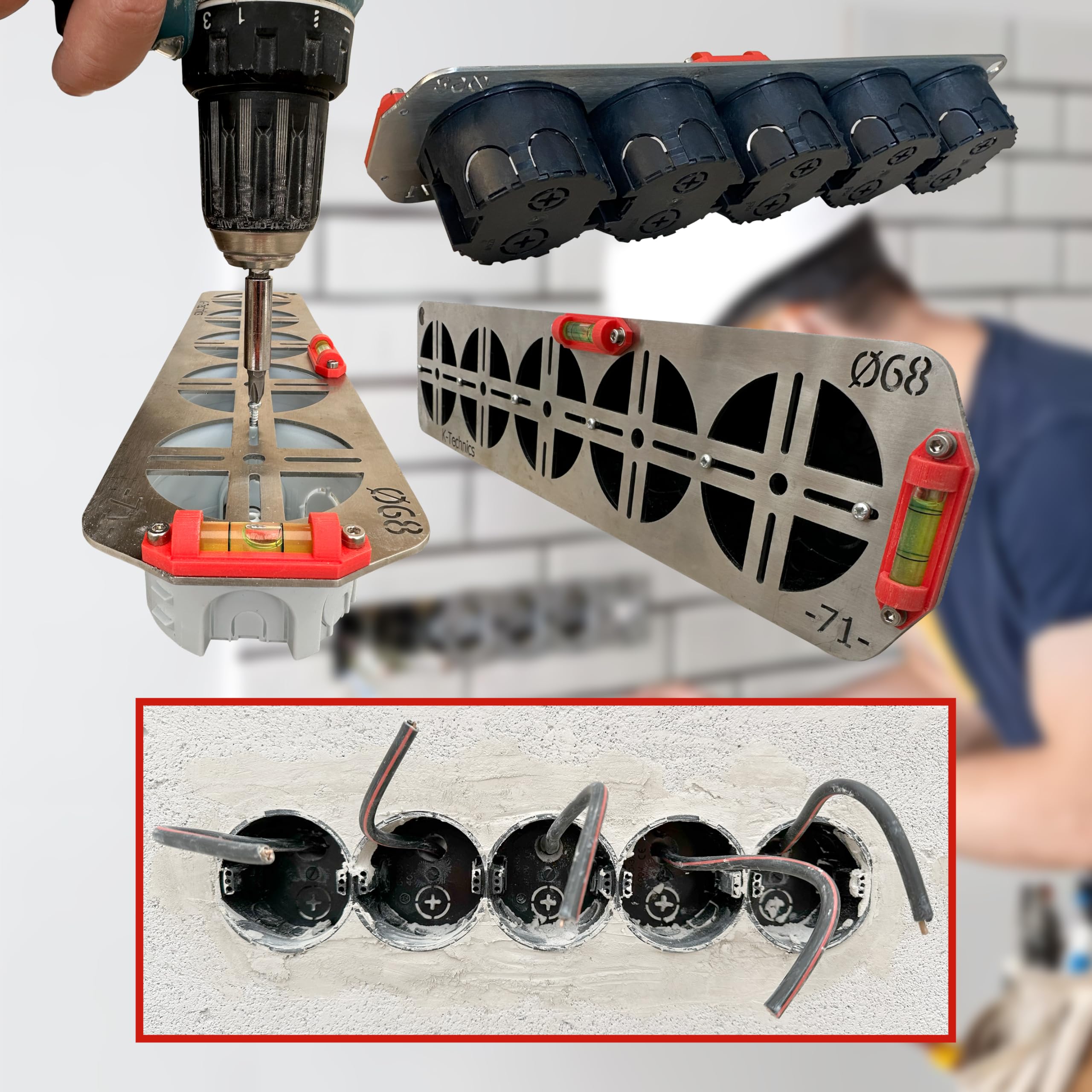 K-Technics K5 Edelstahl Bohrschablone Steckdosen, Steckdosen Schablone mit Elektriker Wasserwaage, Geeignet für Hohlraumdosen und Unterputz im Trockenbau, 4 x 71 mm Rastermaß, 7,5 mm Markierungslöcher