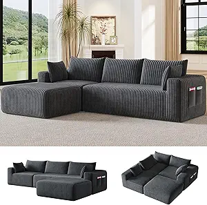 110”Modern Modular L-Shape Couch with Chaise, Modular Sectional Couches for Living Room, Deep Seat Boneless Sofa Bed, No Assembly Required Sleeper Sofa, Plush Corduroy Fabric, Dark Gray