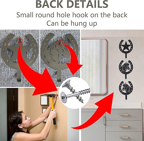 Miniatura 8 de 3 ganchos de cabeza de caballo de rancho rústico con forma de estrella de caballo, ganchos para llaves, ganchos de herradura para toalla, gancho