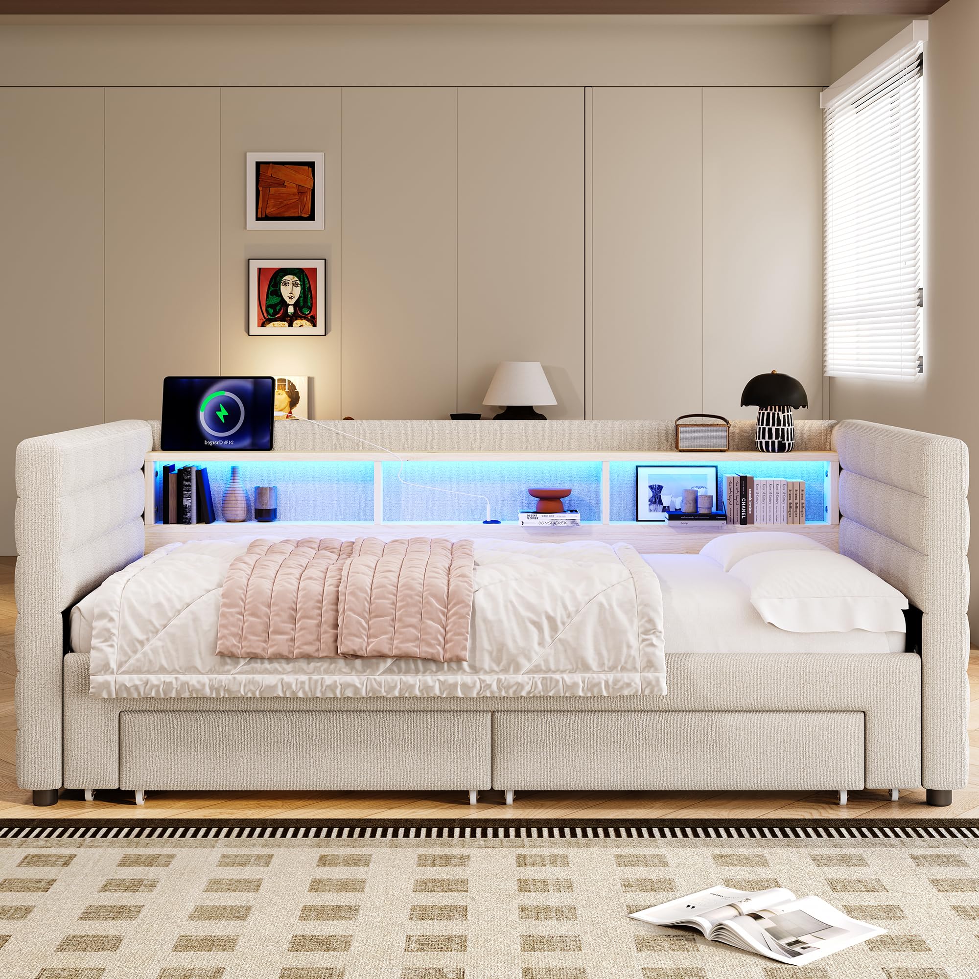 Soweiz Cama diurna, sofá cama, 90 x 190 cm, diseño de cama extraíble, USB + conectores tipo C, con dos cajones, varios compartimentos de almacenamiento, barra de luz, sin colchón, terciopelo (beige)