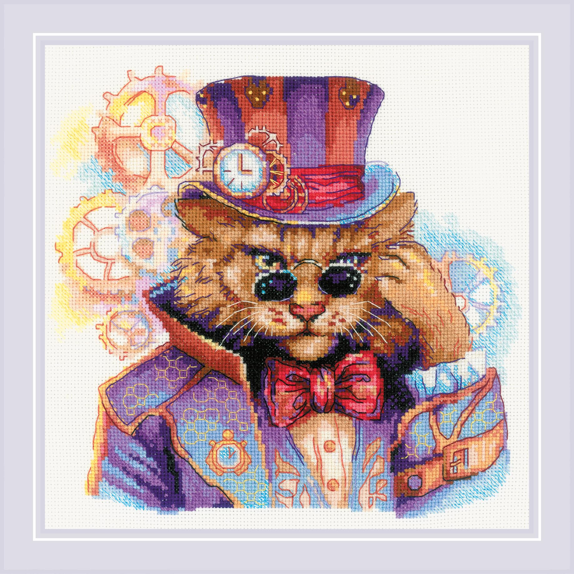 Riolis Multicolor - Steampunk Cat 2278, Cross Stitch Kits 7¾"X7¾, Cross Stitch Kits For Beginners & Advanced, Crossstitching Kit Adult, Animals Embroidery Counted Stitching Kit