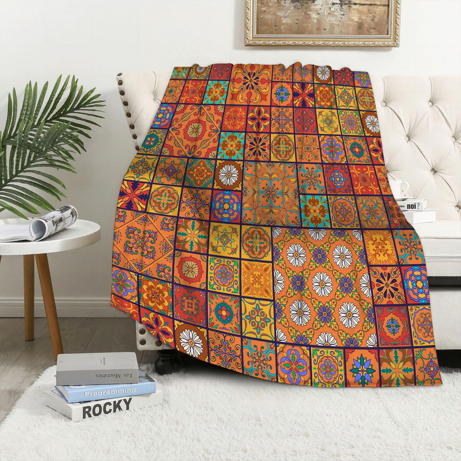 MAAPCHP Flannel Fleece Blanket Throws for Sofa Fluffy Blanket Bed Throw for Bedroom Moroccans, Collection of Moroccan Geometric Style Pattern Floral Ornamental Patc Blanket for Bed, Couch,Car 60x80in