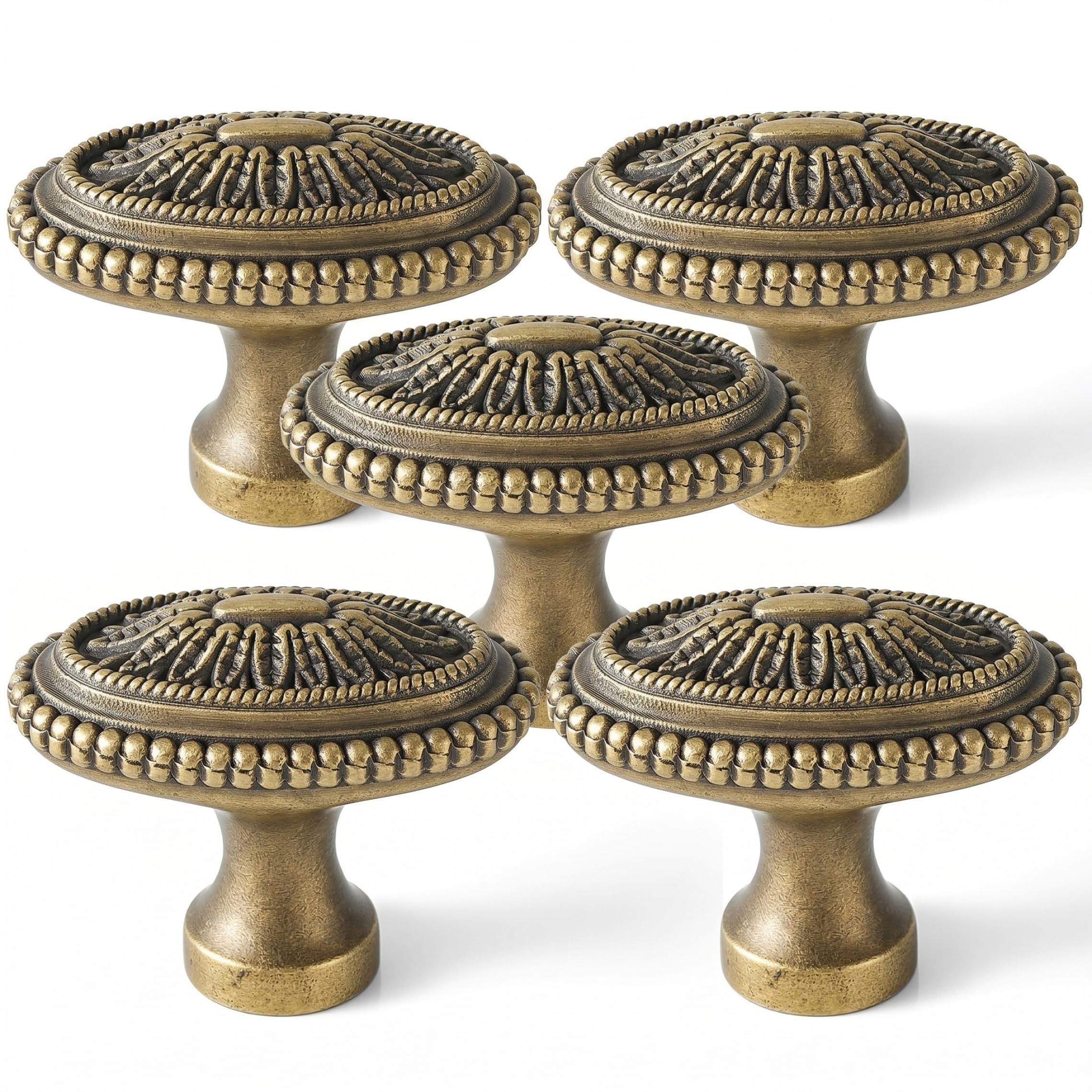 Perillas de gabinete de latón de diseño tallado vintage con acabado bronce antiguo