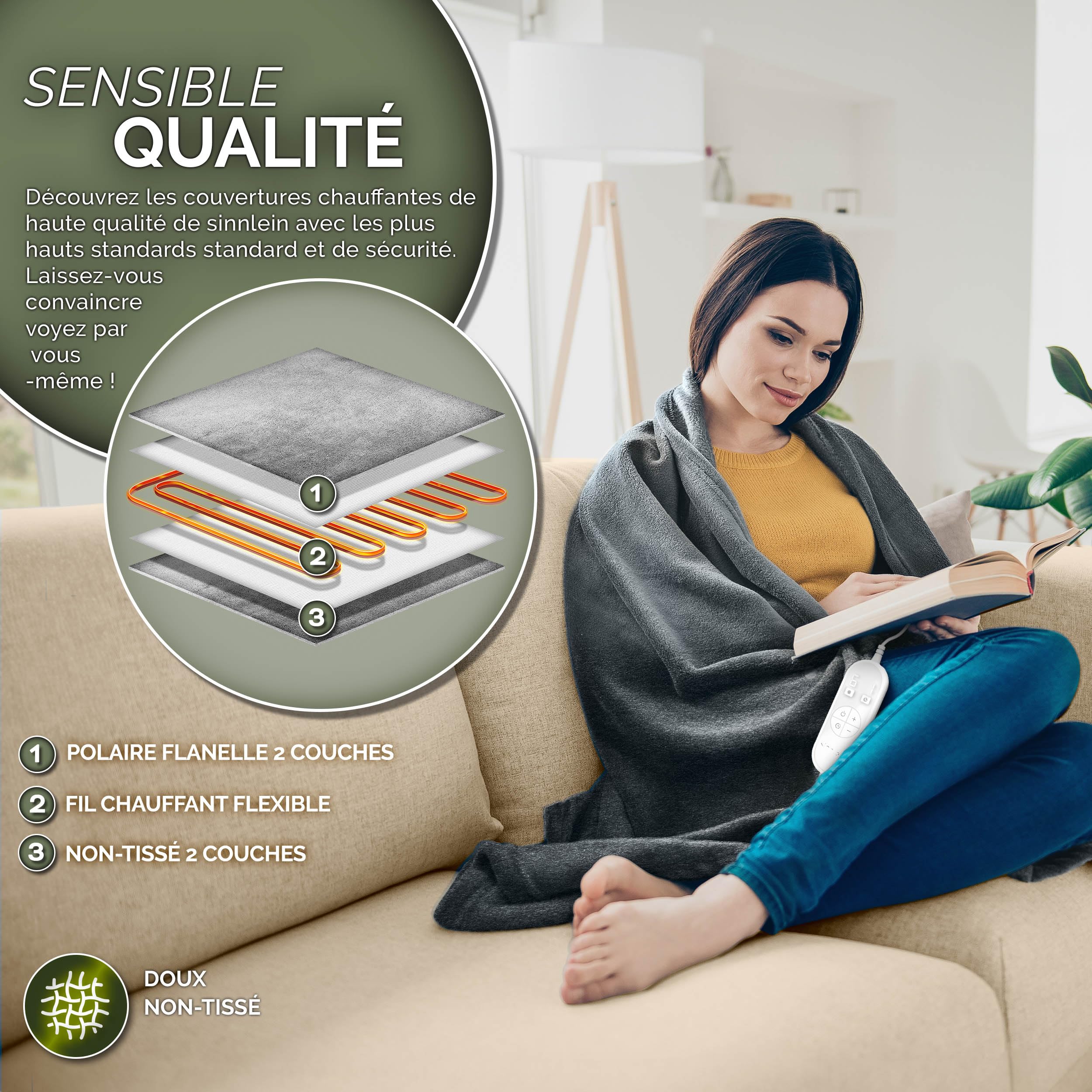sinnlein® Chauffe-lit Surmatelas Chauffant | 200 x 180 cm | Gris | Couverture Électrique avec Arrêt Automatique | 9 Niveaux de Température | Affichage Digital